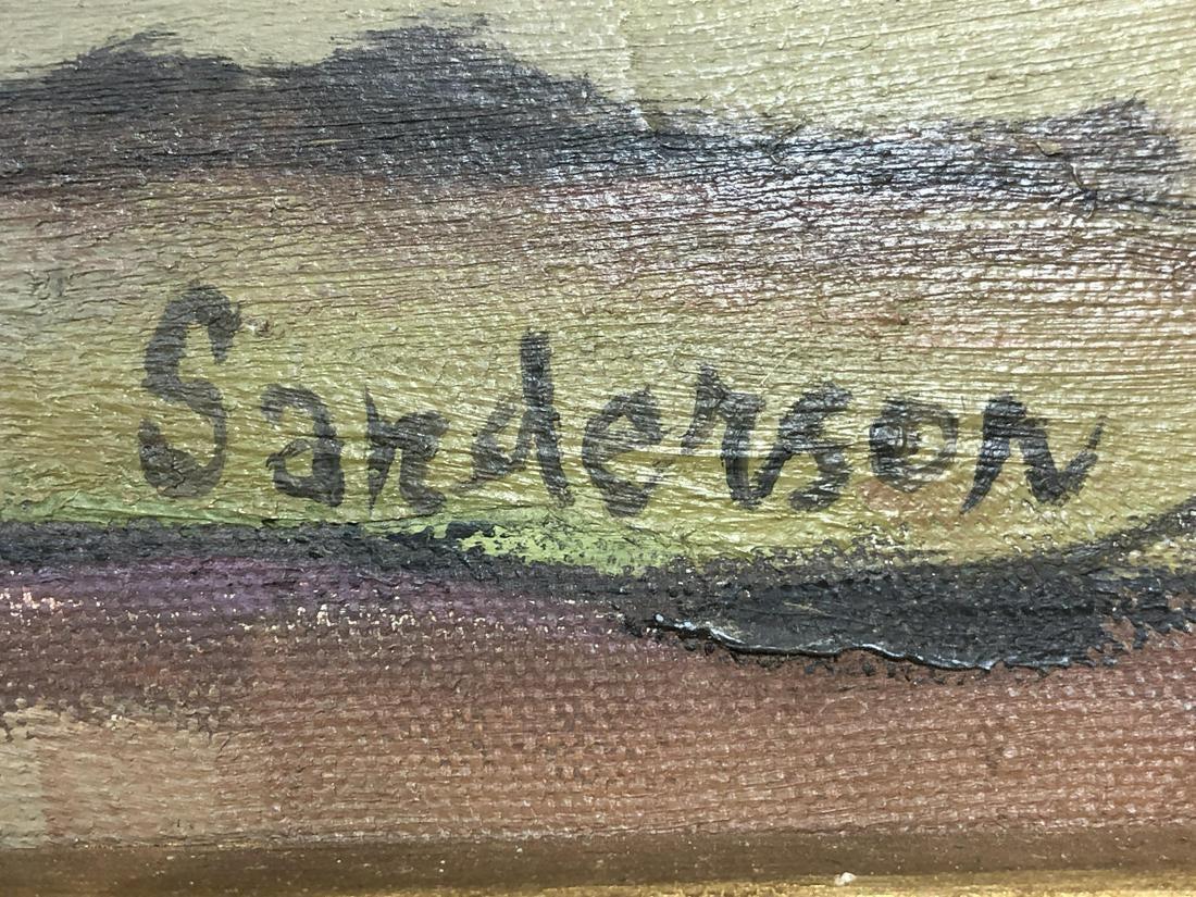 Rappelant une scène d'Edward Hopper ou d'Andrew Wyeth, ou même de Charles Demuth avec ses éléments cubistes.

William Sanderson  (1905 - 1990) 
Paysage du Colorado
Huile sur toile
23 1/2 x 31 1/2 pouces (58 x 79 cm)
Signé en bas à droite : Sanderson
