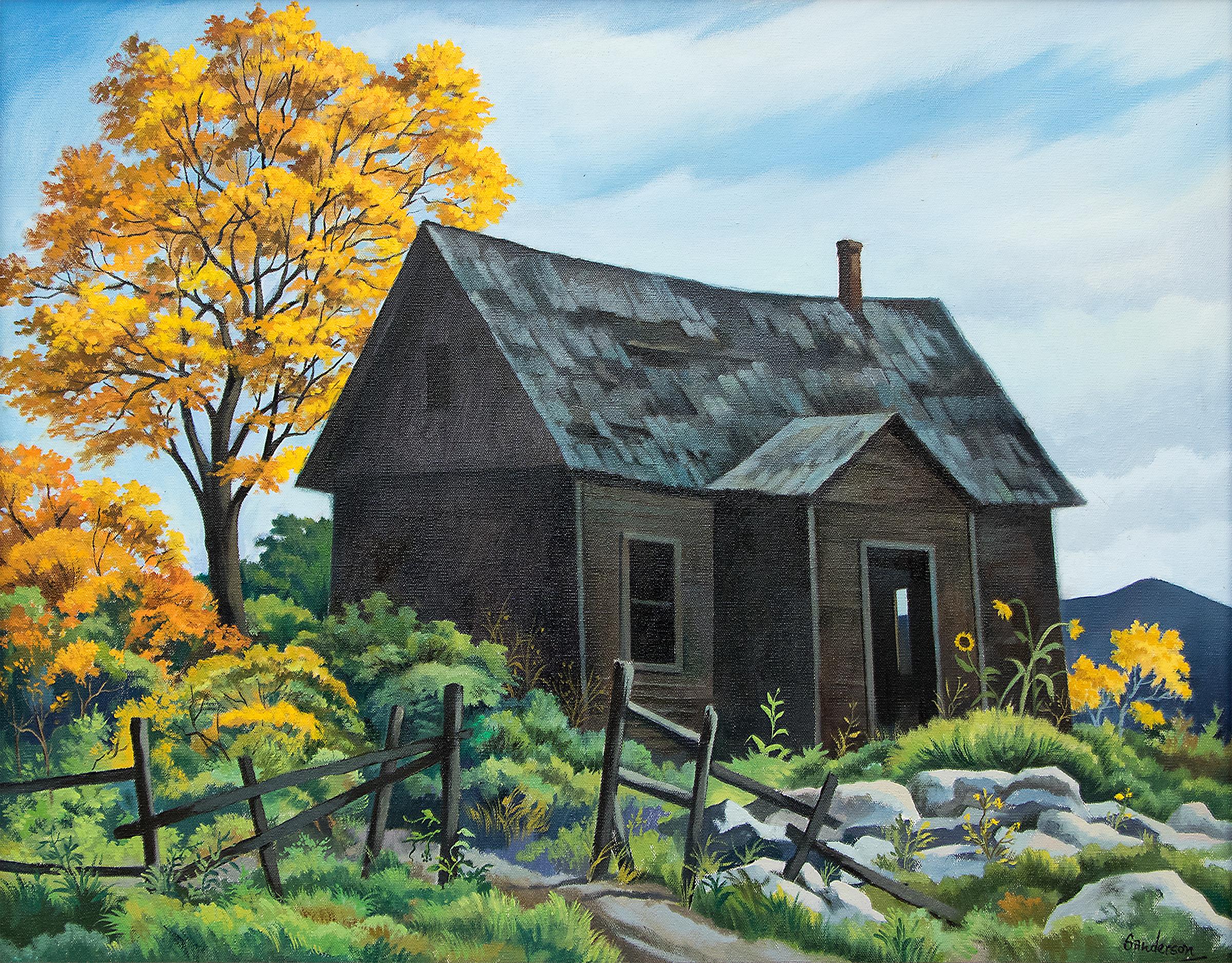 The Earth Abides Forever (Modernist Landscape with Abandoned House, Autumn) - Painting by William Sanderson