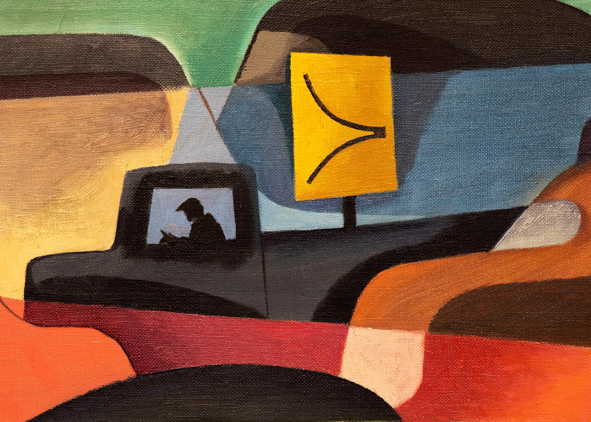 Untitled (Traffic Jam, 1950s Modernist Painting with Cars) - Black Figurative Painting by William Sanderson