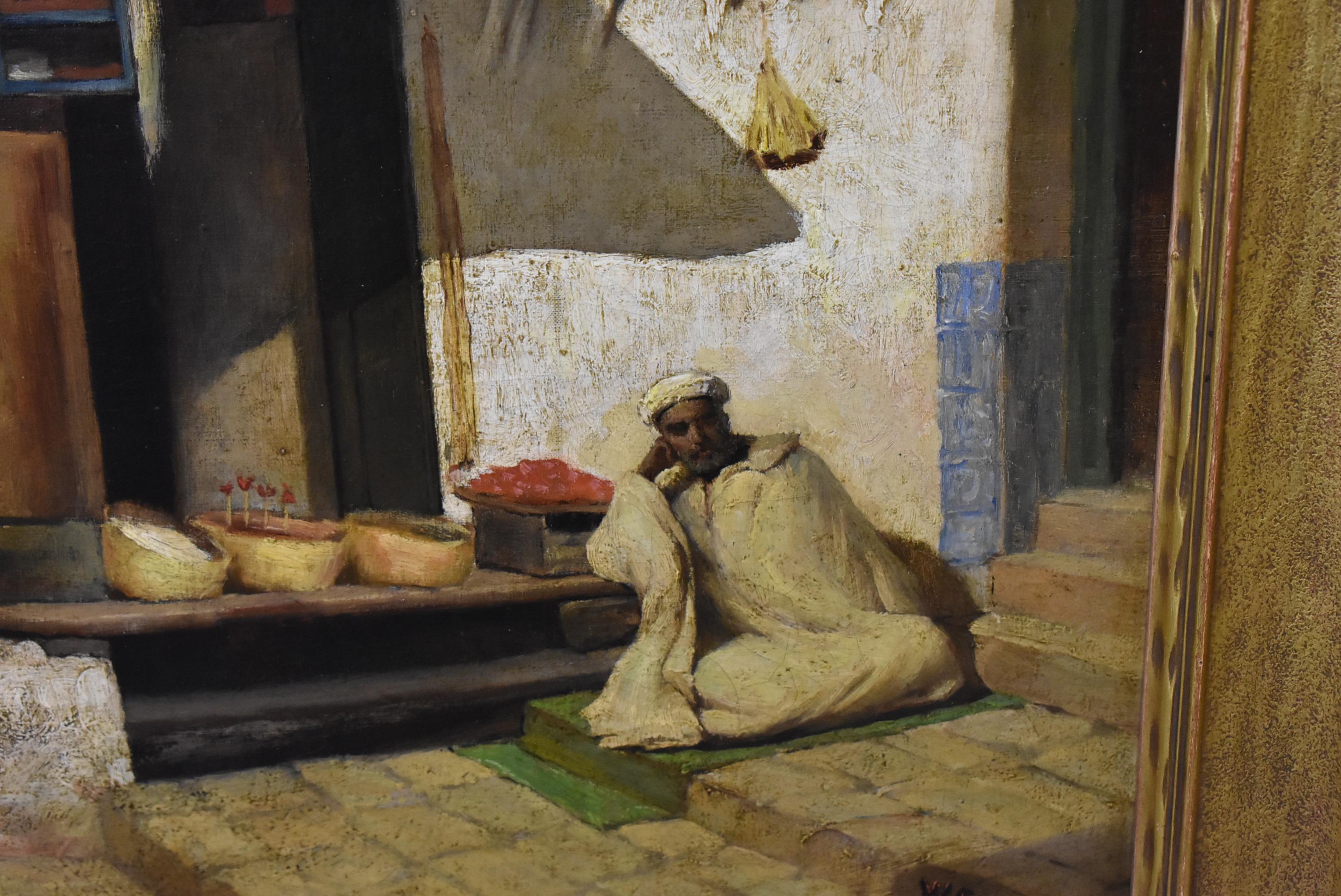 Öl auf Leinwand des amerikanischen Malers William Sartain (1843-1924) mit dem Titel Arab Shops No. 9. Die Straßenszene zeigt einen Verkäufer, der auf einer grünen Matte unter einer Markise auf den Steintreppen vor seinem Laden sitzt, während die