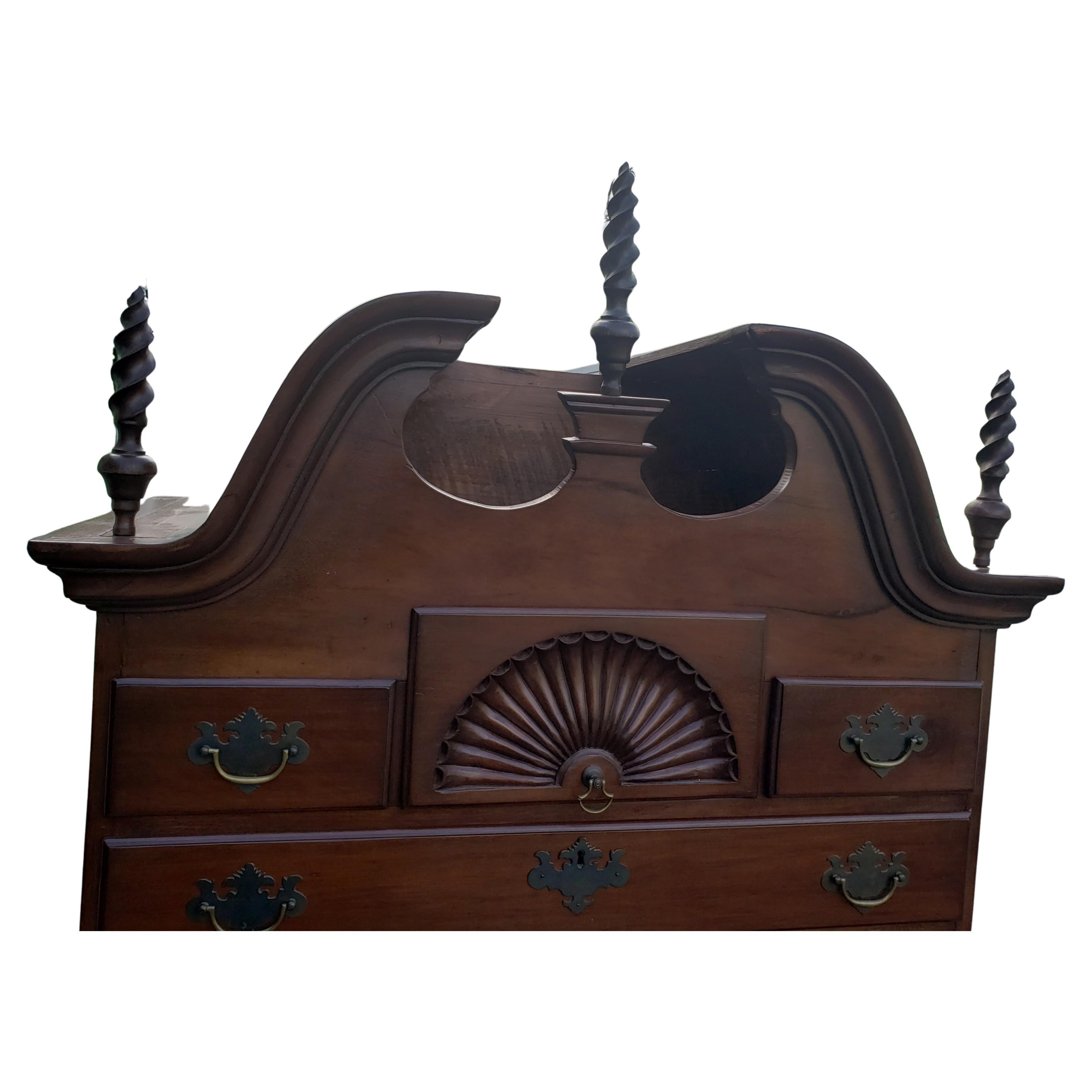 11-drawer William Savery Attributed Cherry Bonnet-Top High-Boy / Bureau, with Fine grained wood, Cabriole legs with fine barley twist finials. Attributed to William Savery, circa 1750s. This gem comes with a keyed locking drawers in great working