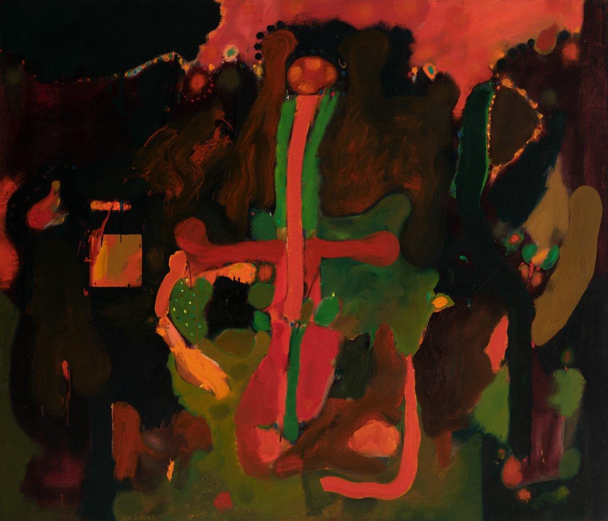 William Scharf
Tropic of Crucifix, 1957
Signed and dated on the reverse
Oil on canvas
40 x 47 inches

Provenance:
The artist
Robert Barnet, New York (gift from the above)
Private Collection, by descent

A visionary painter with ties to the
