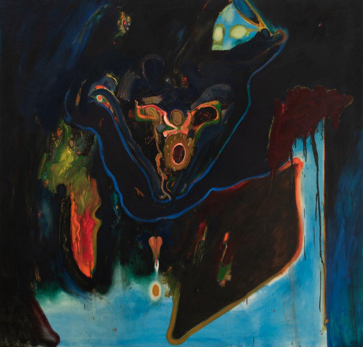 William Scharf
Untitled, 1962
Signed lower left; signed and dated verso
Oil on canvas
48 x 50 inches

A visionary painter with ties to the avant-garde artistic community in New York at midcentury, William Scharf nevertheless defies art historical