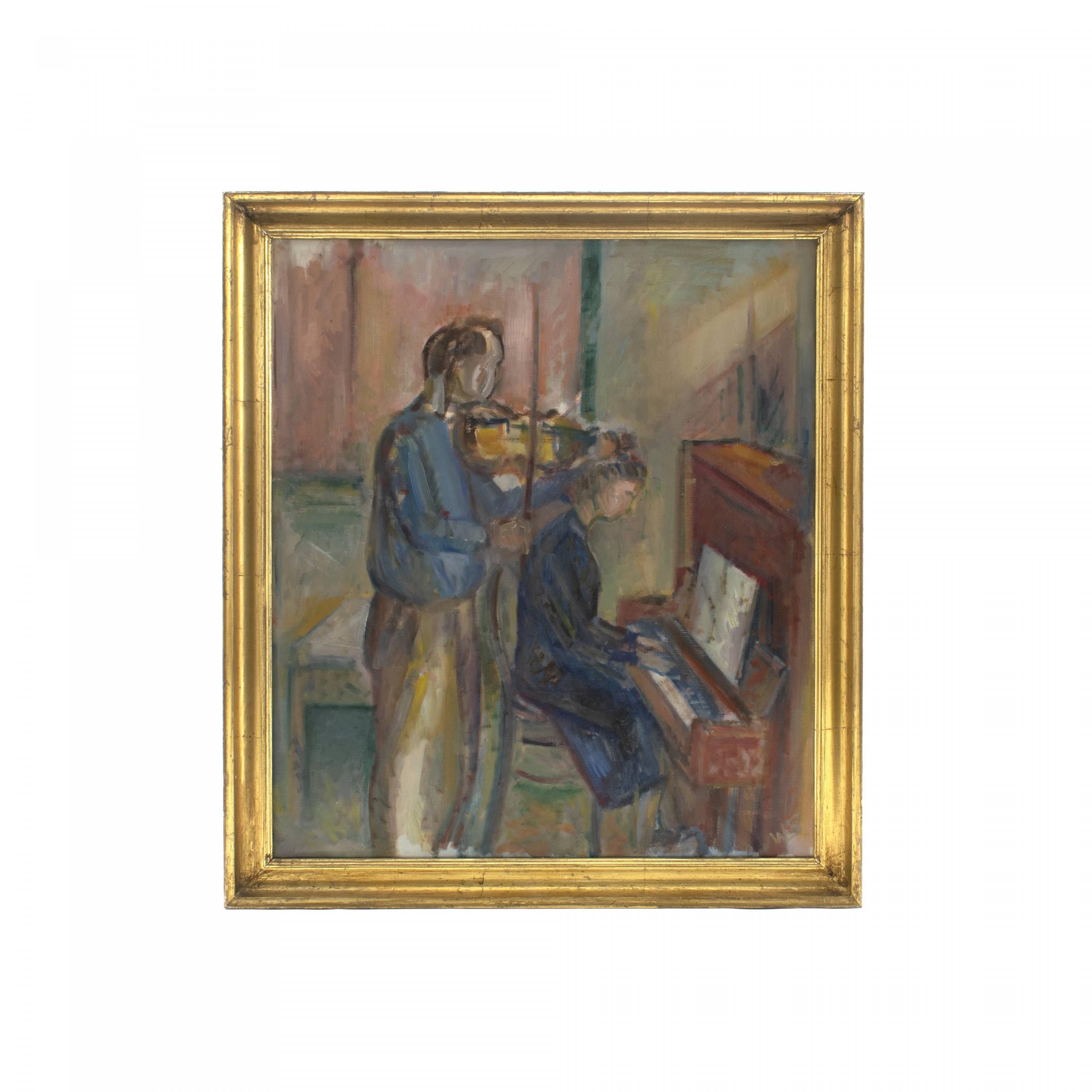 William Scharff 1886-1959.
Couple playing the Violin & piano.
Oil on canvas. In period gilded frame. Size with frame: 53x47 cm.
Signed with monogram: W.S

Measurement (cm) Frame size: H 62 x W 55 - D: 3.