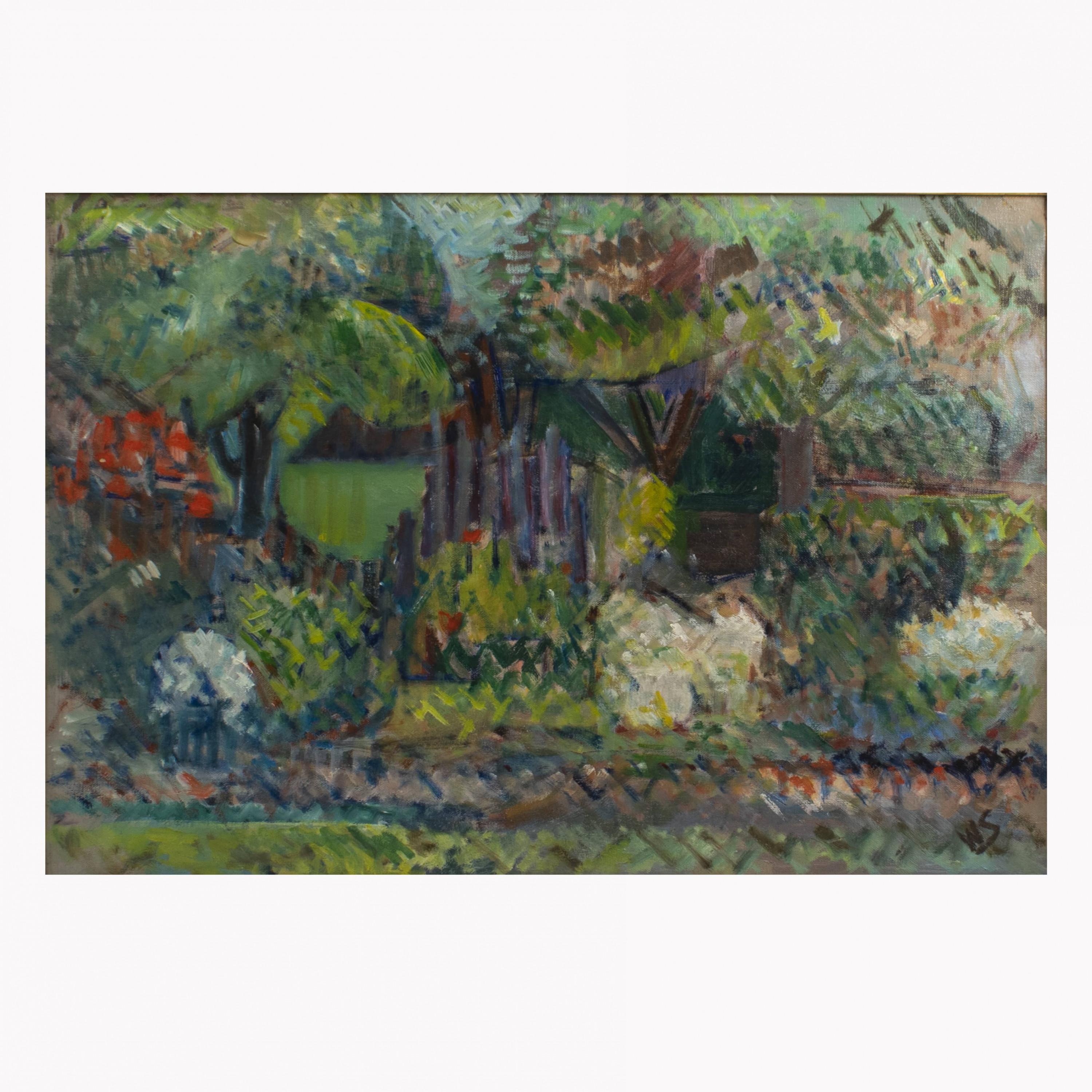 Painted William Scharff, Study of Garden, Oil on Canvas For Sale