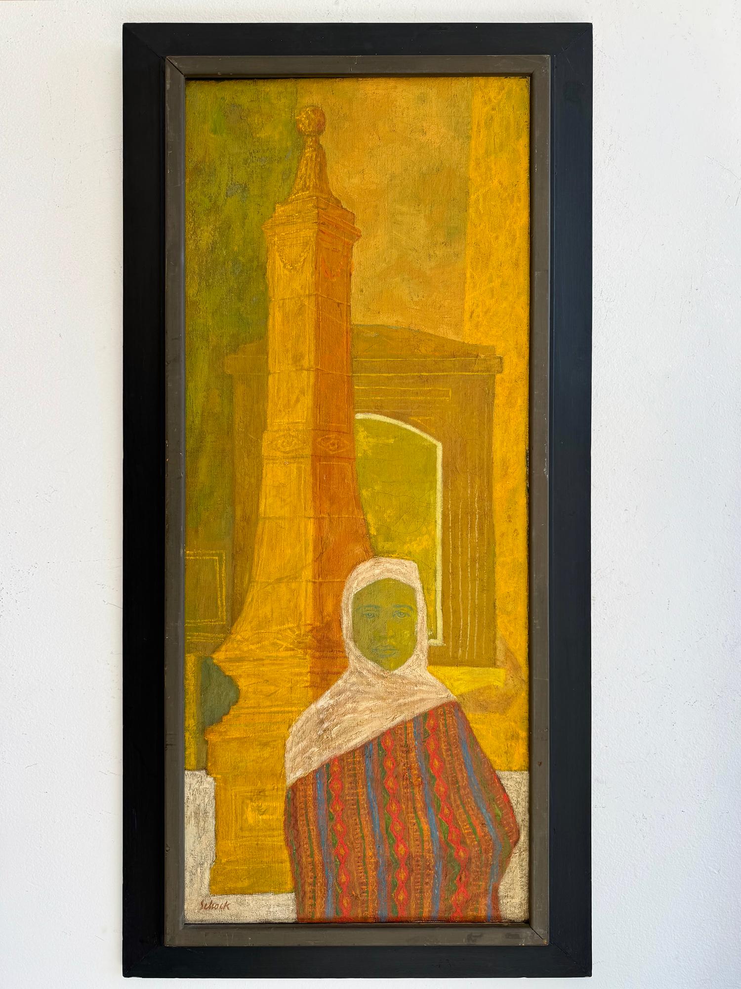 Obelisk - Muslim Woman Hijab, Mid-Century Architectural Forms - Brazilian Artist - Painting by William Schock