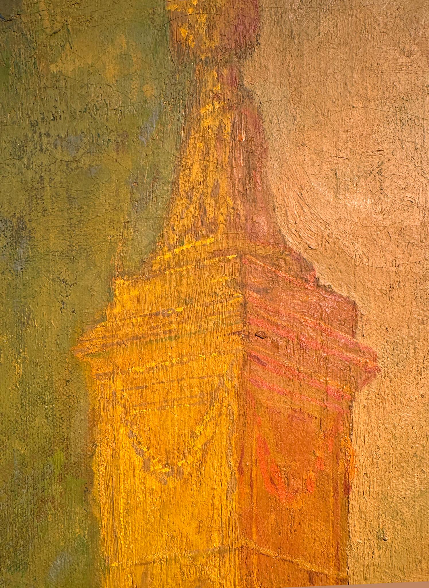 Brazilian/ American Artist William Schock paints a portrait of a Muslim woman in a Hijab gazing directly at the viewer. She is set against an obelisk and an arch in a well-balanced composition with a flattened perspective that embraces understated