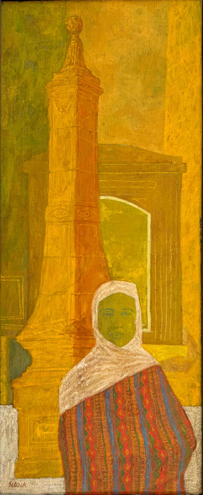 William Schock Portrait Painting - Obelisk - Muslim Woman Hijab, Mid-Century Architectural Forms - Brazilian Artist