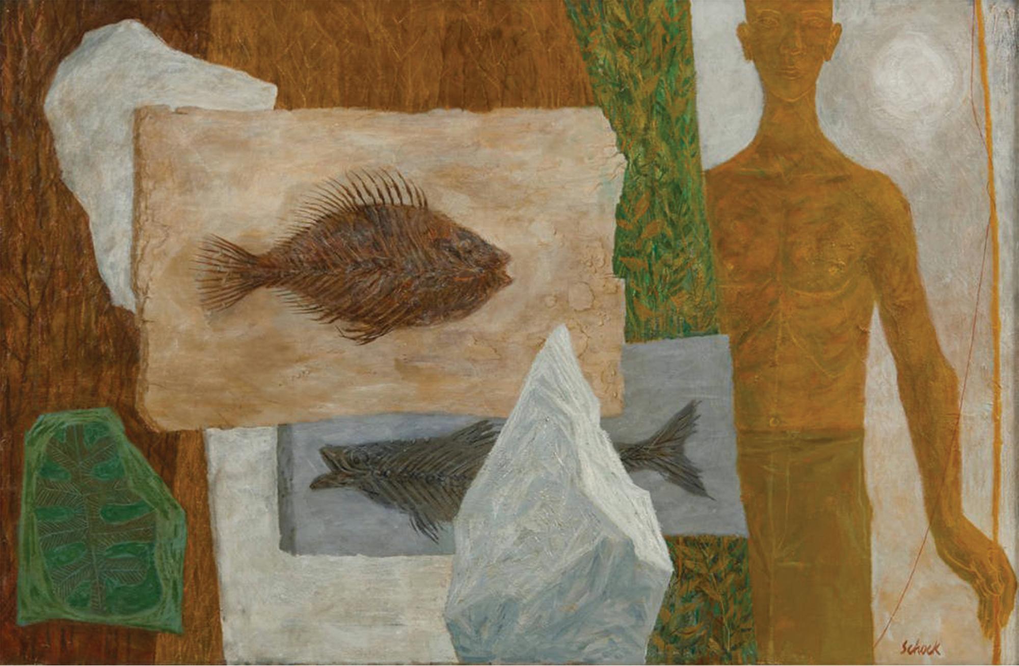 William Schock Interior Painting – The Fisherman, Künstler der Cleveland School aus dem 20.