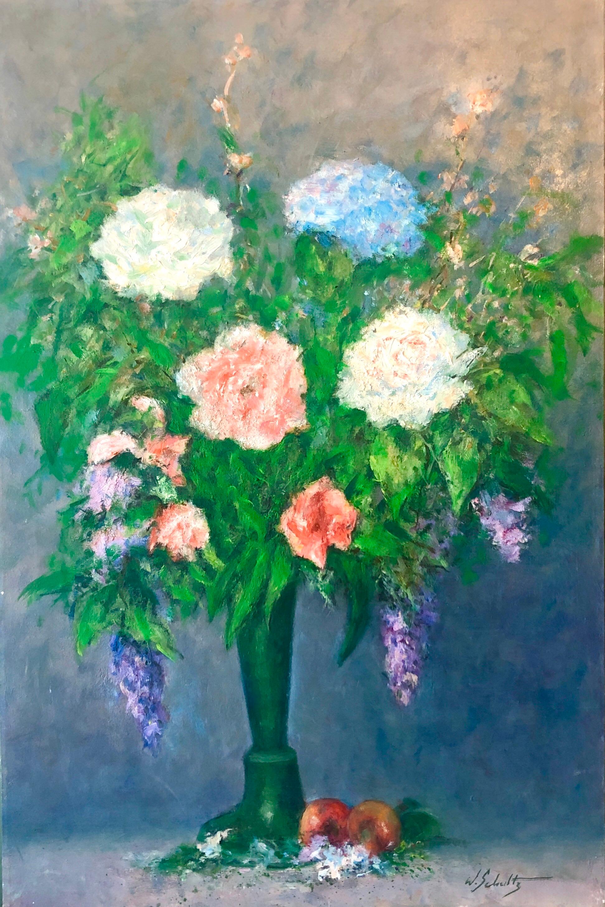 Pintura al Óleo Floral Impresionista Americana Flores Vibrantes en Jarrón - Painting de William Schultz