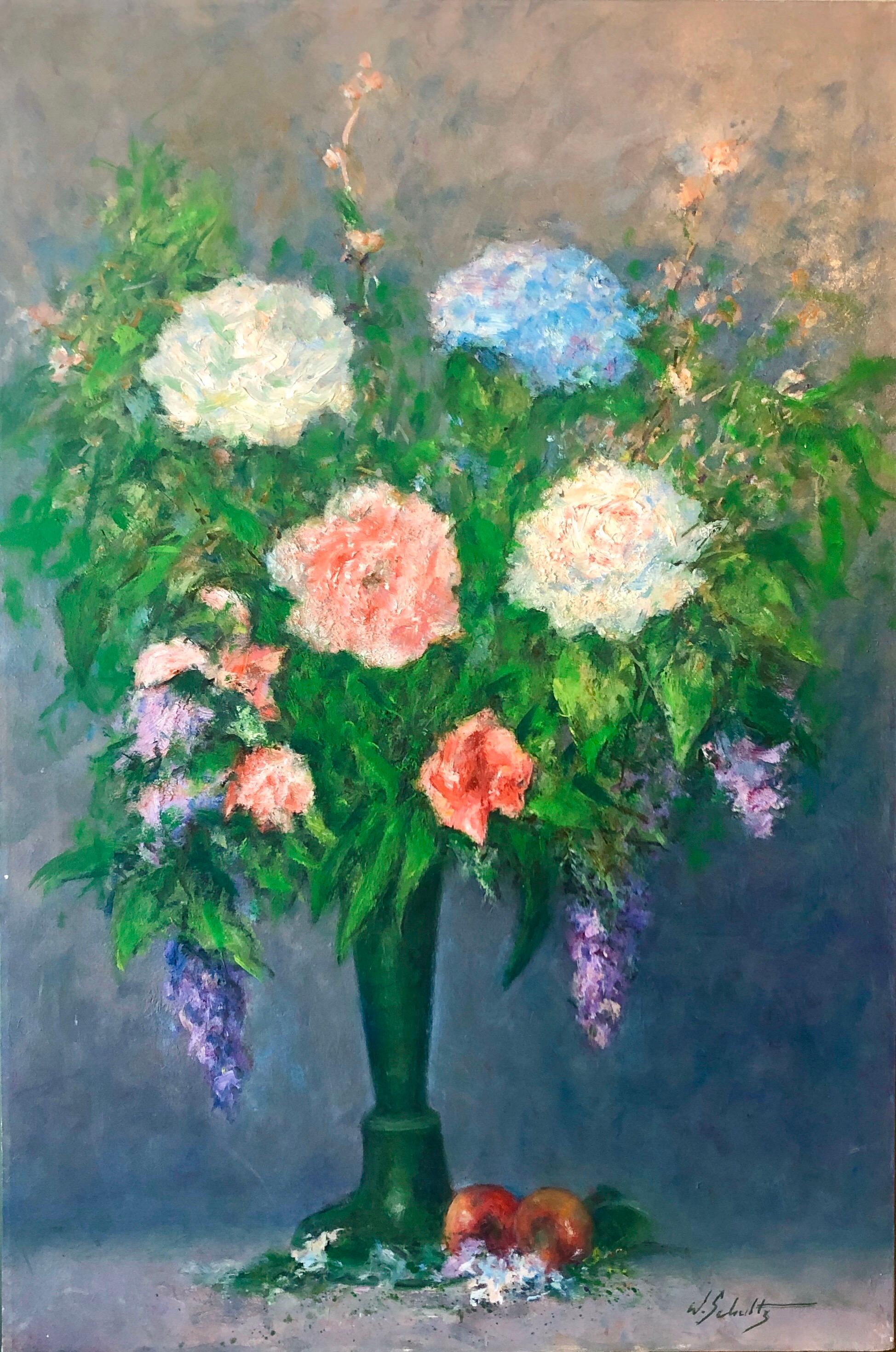Interior Painting de William Schultz - Pintura al Óleo Floral Impresionista Americana Flores Vibrantes en Jarrón