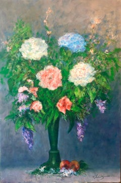 American Impressionist Floral Oil Painting Vibrant Flowers in Vase