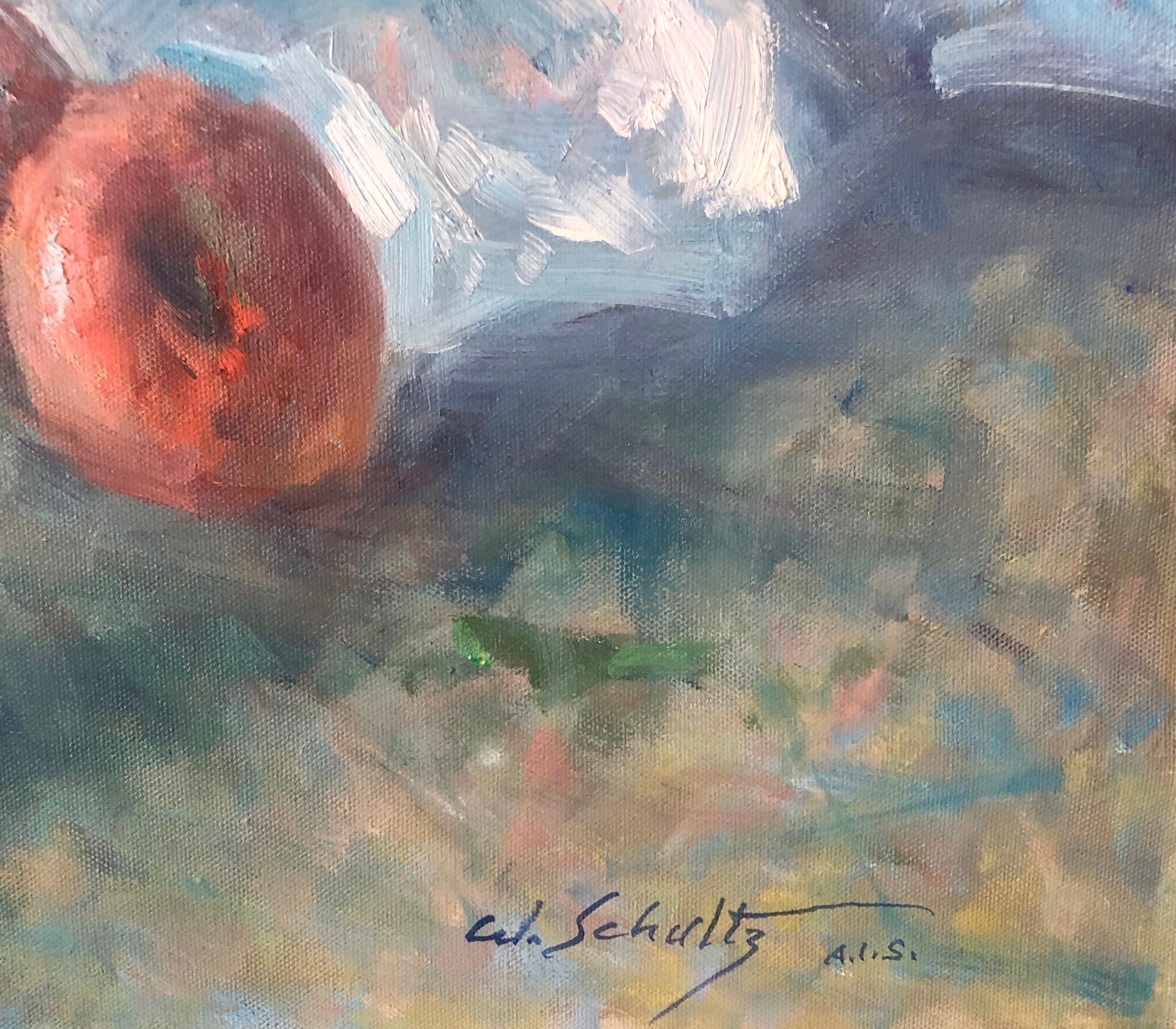 Pintura al óleo impresionista americana de frutas Manzanas y uvas vivas - Painting de William Schultz