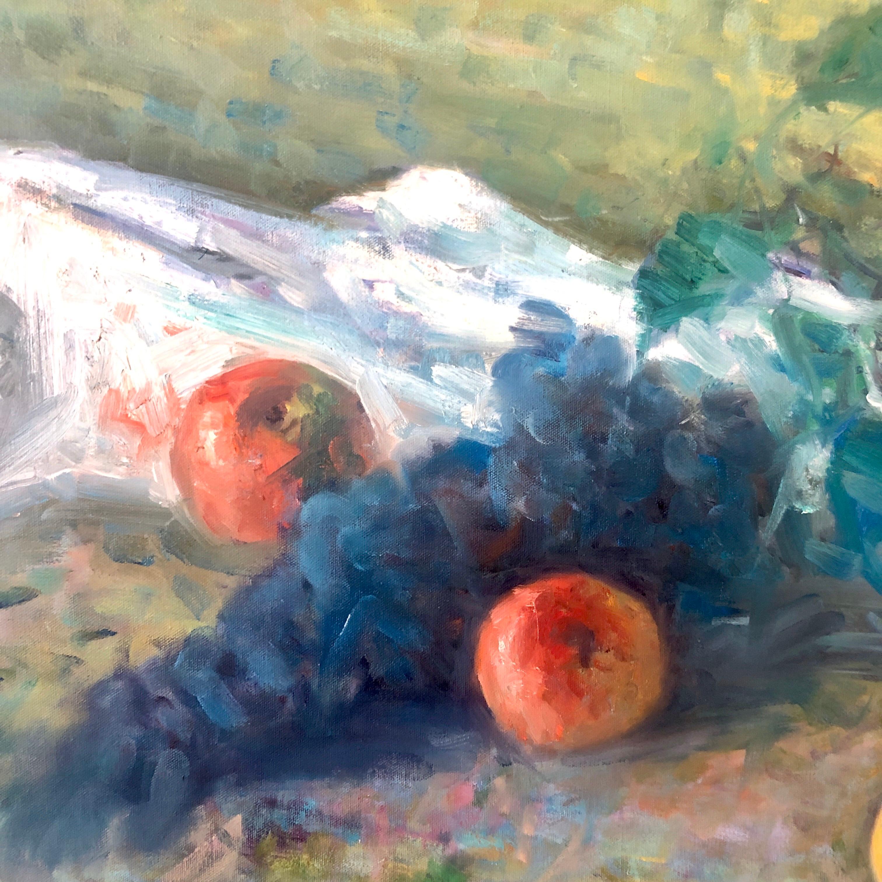 Pintura al óleo impresionista americana de frutas Manzanas y uvas vivas - Interior Painting Gris de William Schultz