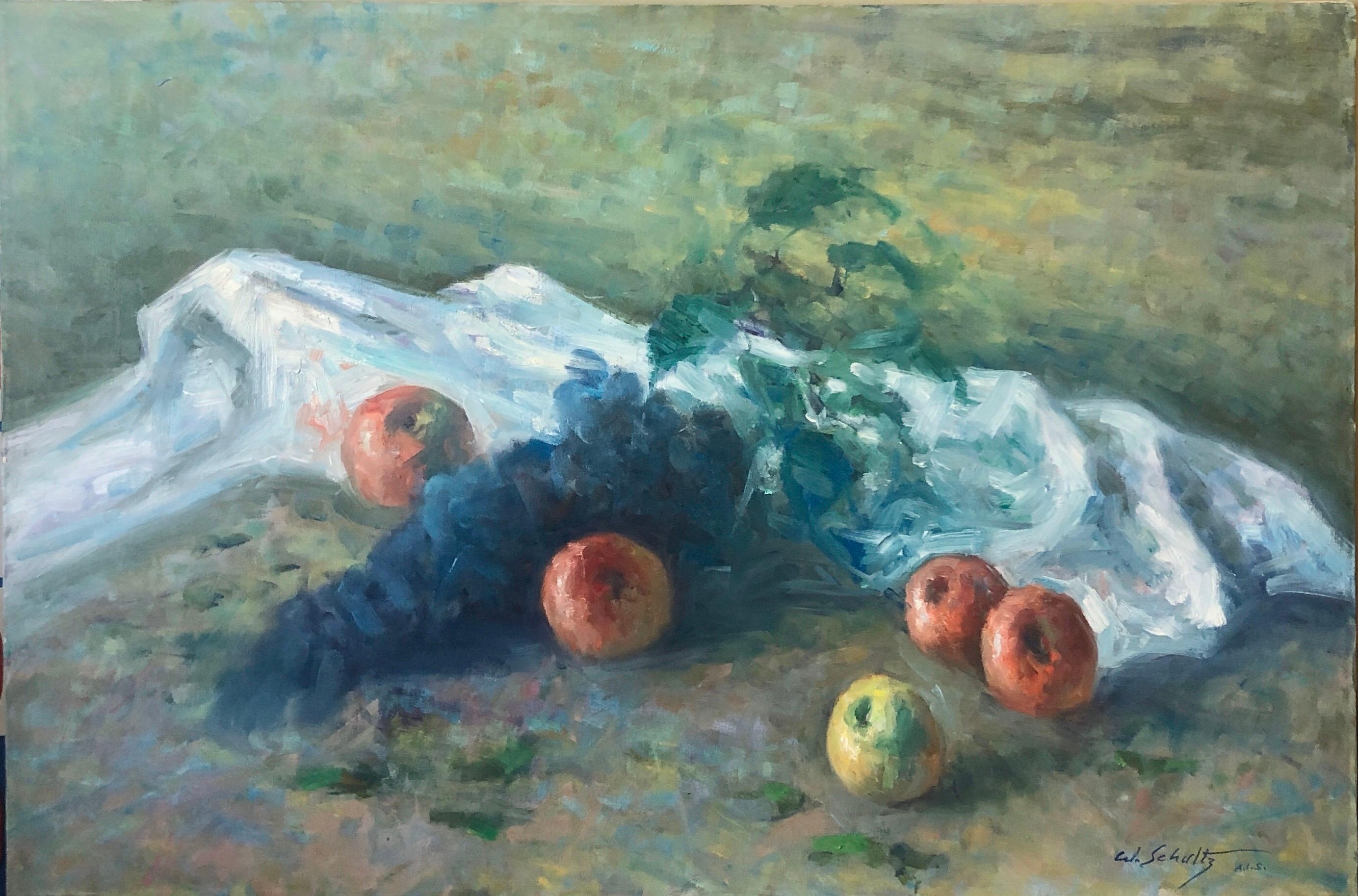 Pintura al óleo impresionista americana de frutas Manzanas y uvas vivas en venta 1