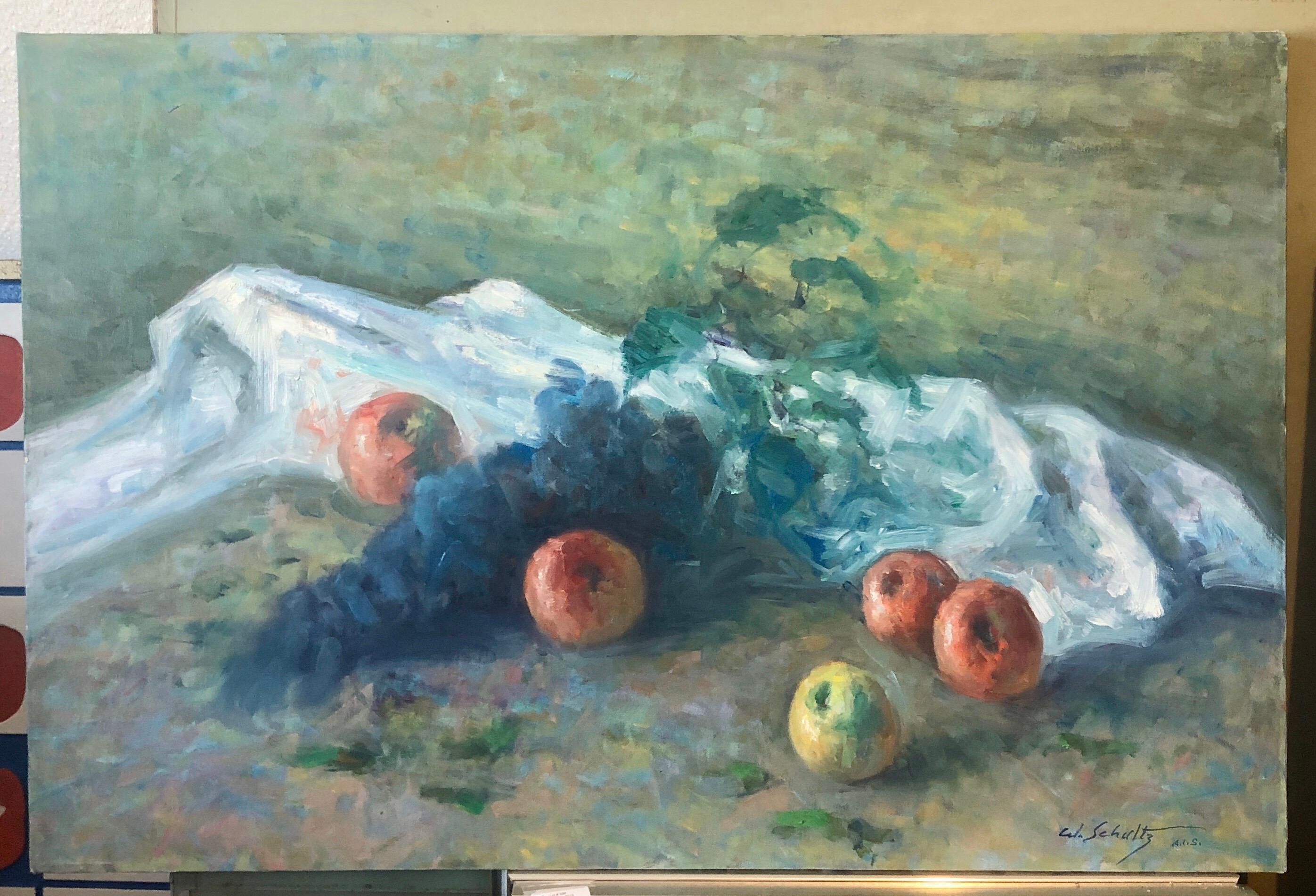 Pintura al óleo impresionista americana de frutas Manzanas y uvas vivas en venta 2