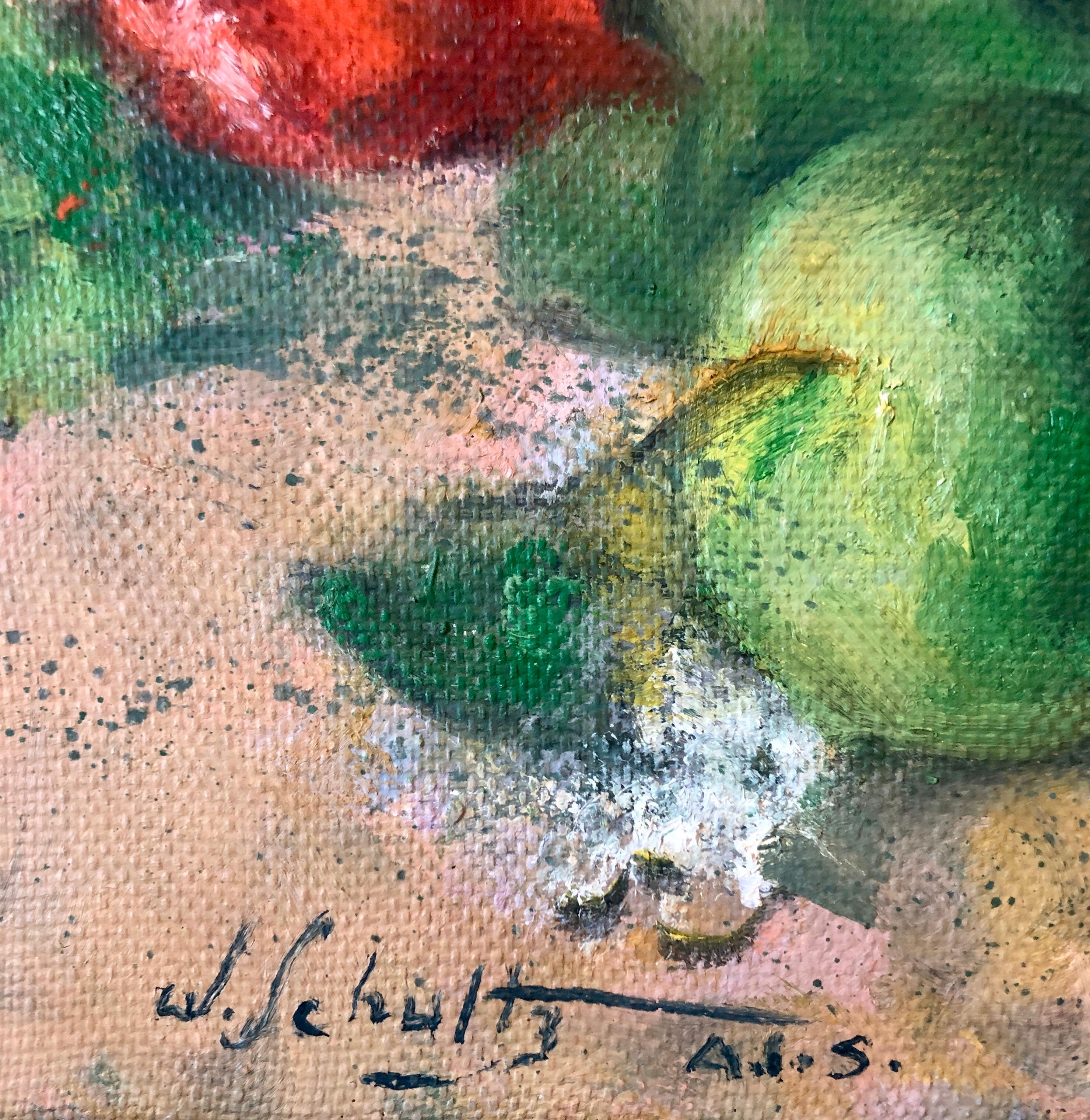 American Impressionist Fruits, Vegetables and Bottle Oil Painting - Gray Interior Painting by William Schultz