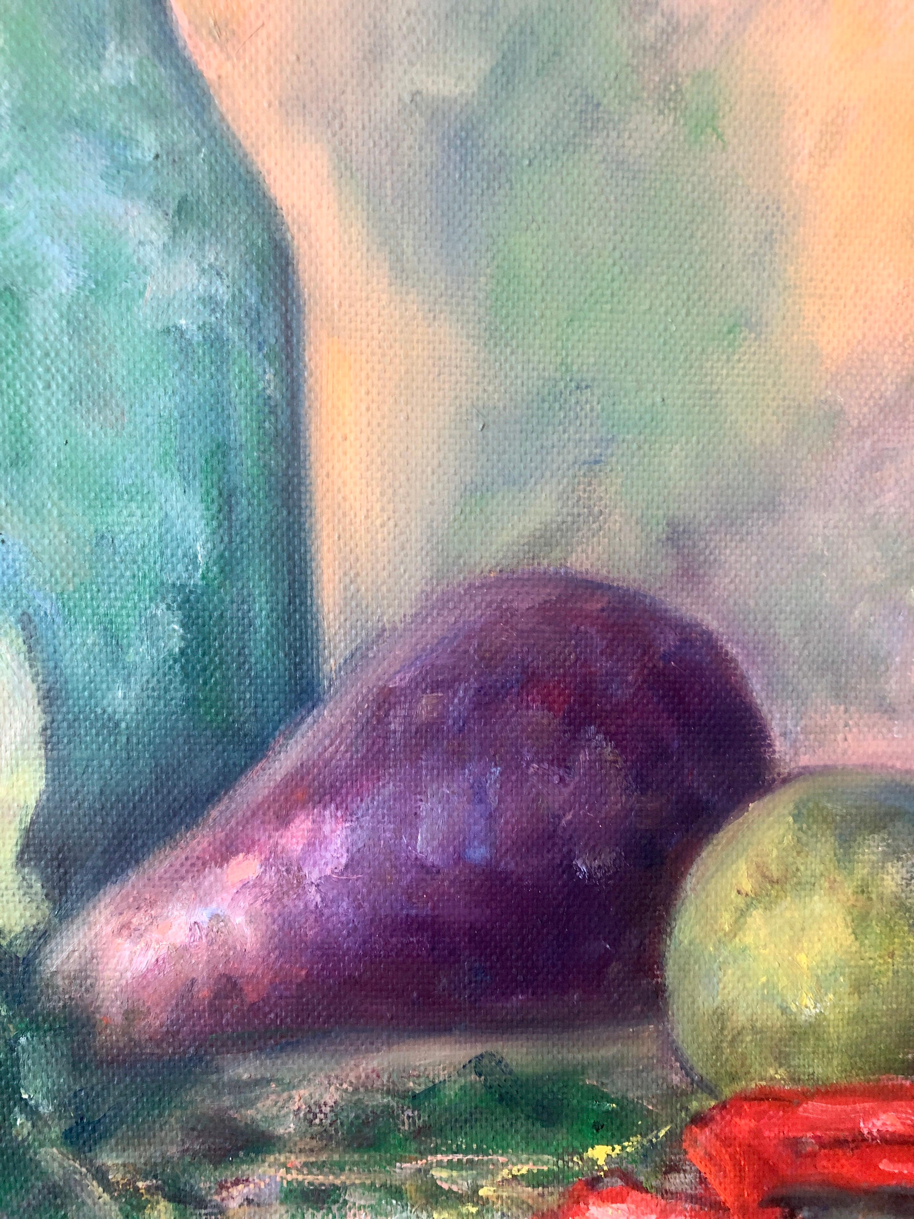 American Impressionist Fruits, Vegetables and Bottle Oil Painting For Sale 1