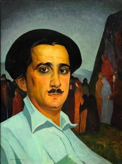 Artist Self Portrait-Modernist Mid-Century Chicago Modernist Oil Painting.