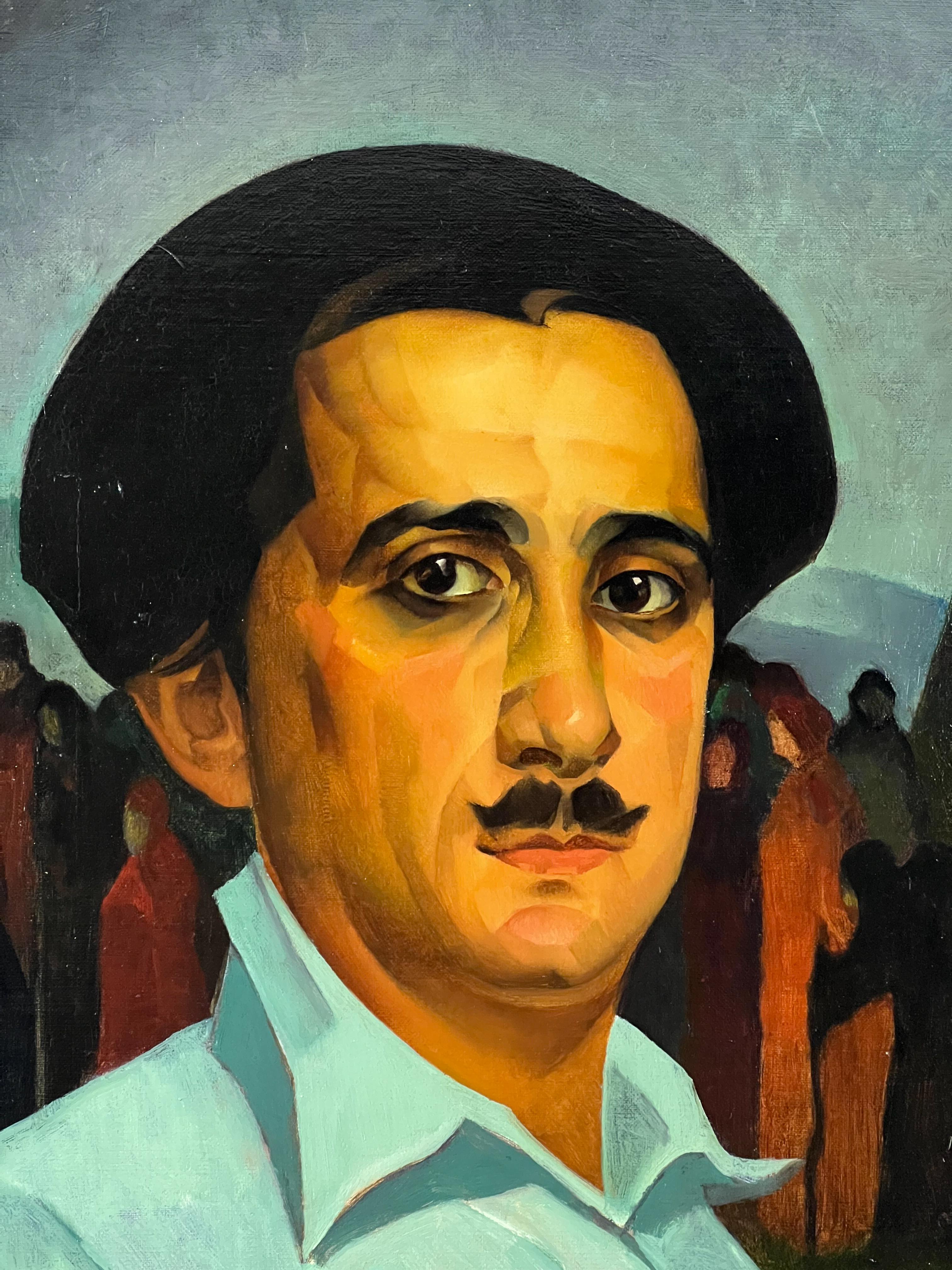Self-Portrait dell'artista - Pittura ad olio modernista di Chicago della metà del secolo. - Portrait Painting Grigio di William Schwartz