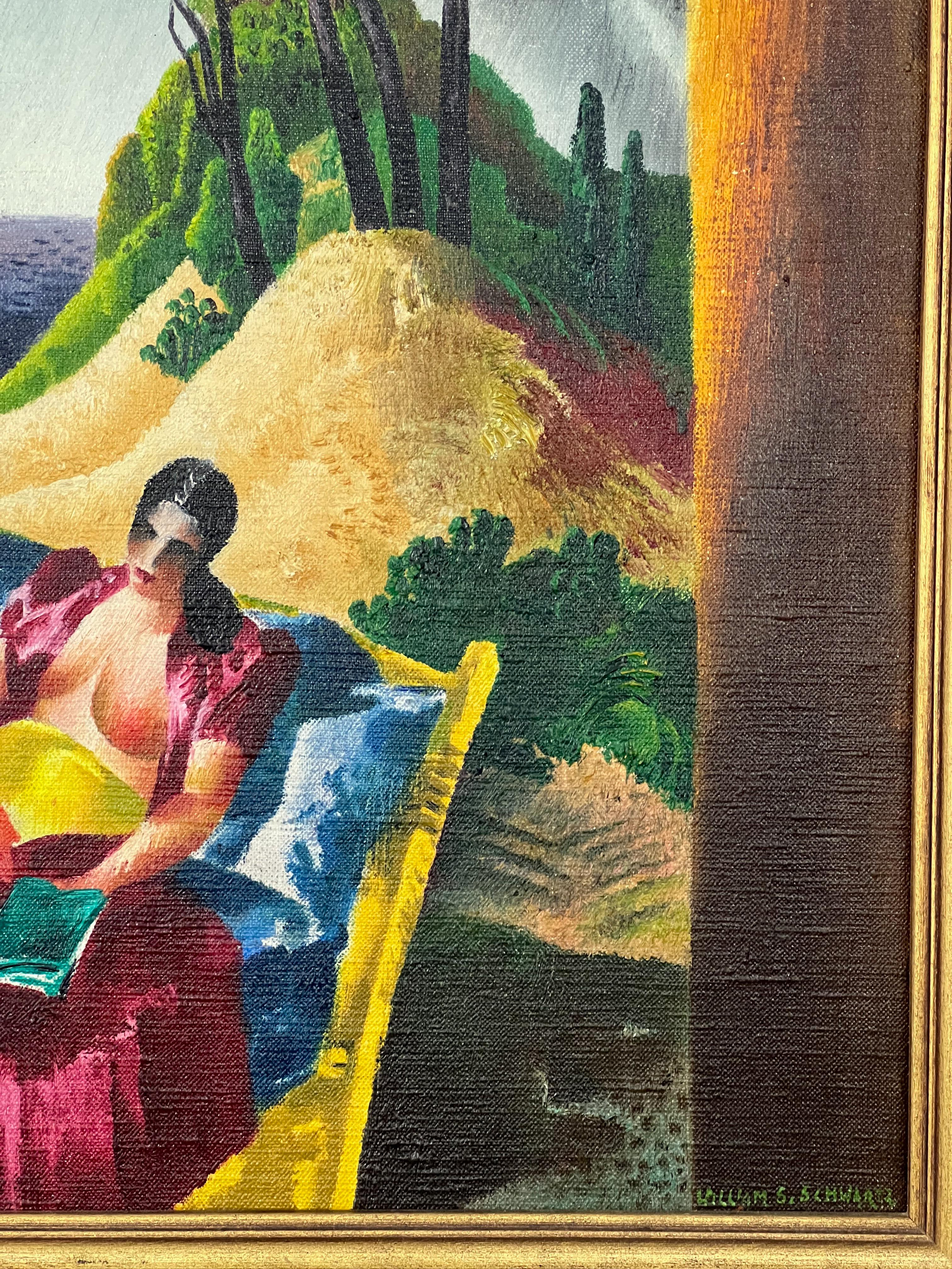Sur la plage.  Lecture de la femme.  Peinture à l'huile moderniste du milieu du siècle à Chicago. - Painting de William Schwartz
