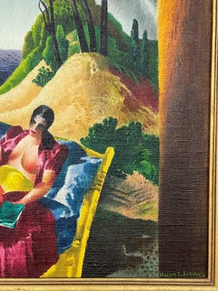 Sur la plage.  Lecture de la femme.  Peinture à l'huile moderniste du milieu du siècle à Chicago.