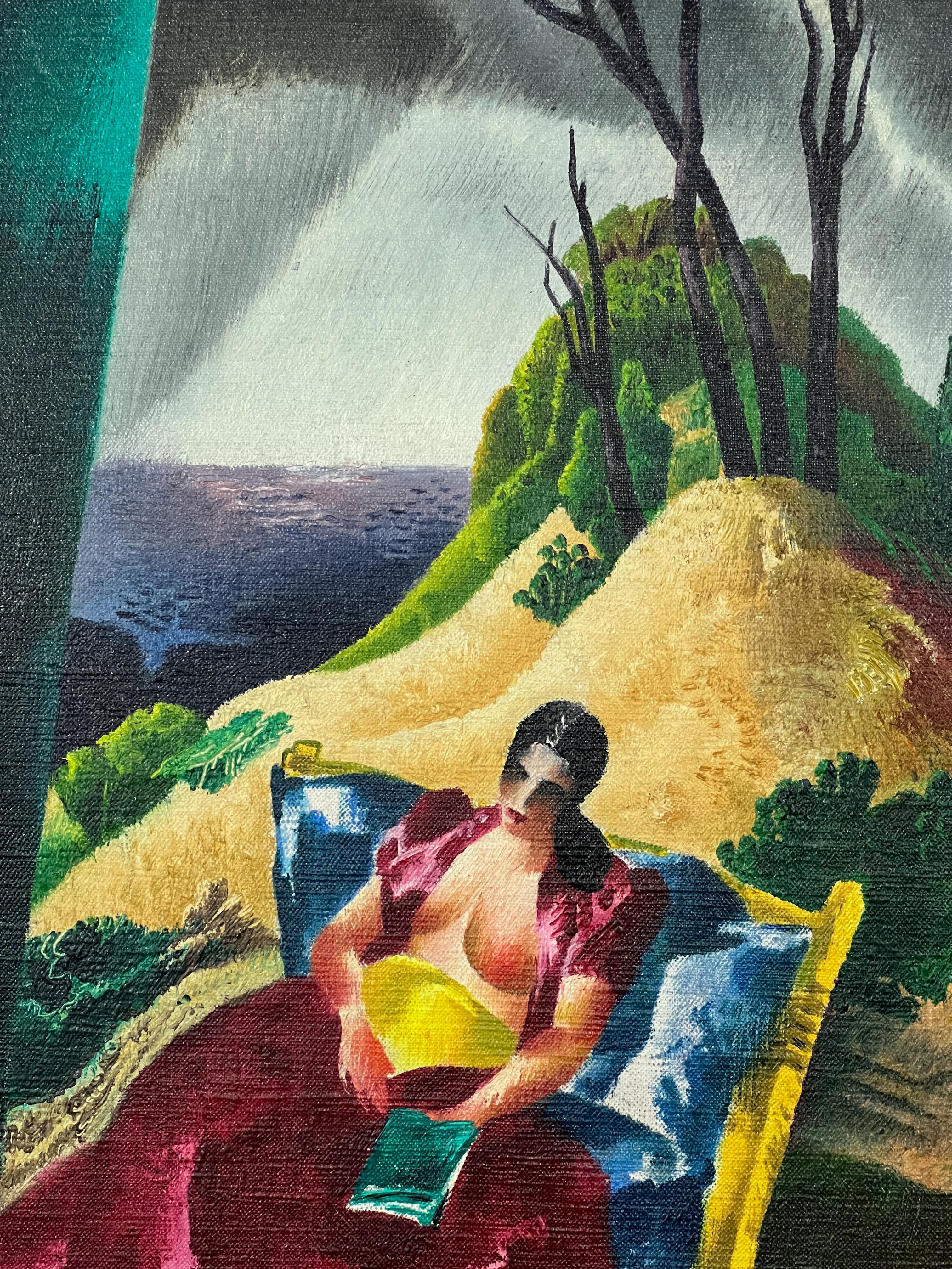 Sur la plage.  Lecture de la femme.  Peinture à l'huile moderniste du milieu du siècle à Chicago. - Modernisme américain Painting par William Schwartz