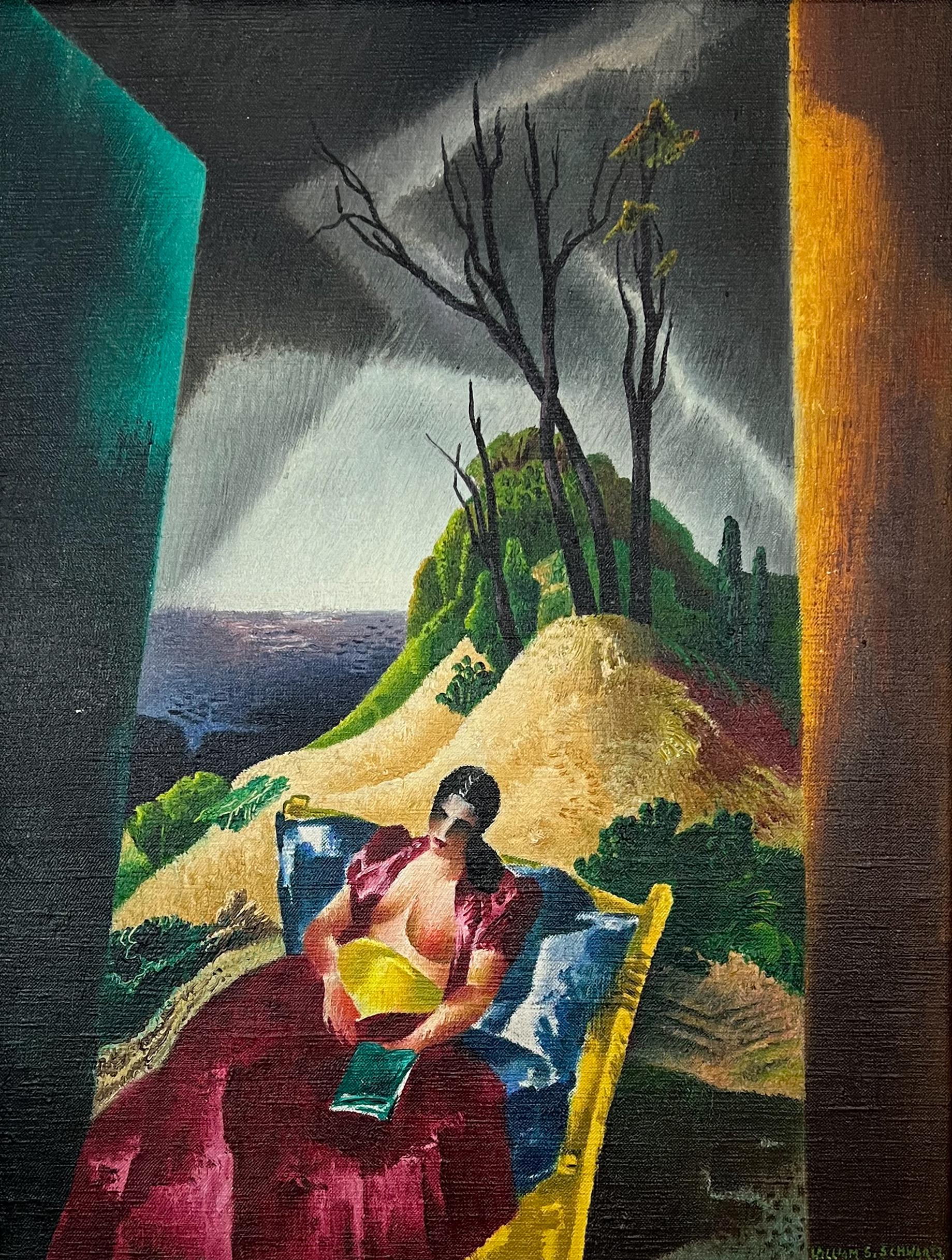 Sur la plage.  Lecture de la femme.  Peinture �à l'huile moderniste du milieu du siècle à Chicago. - Noir Portrait Painting par William Schwartz