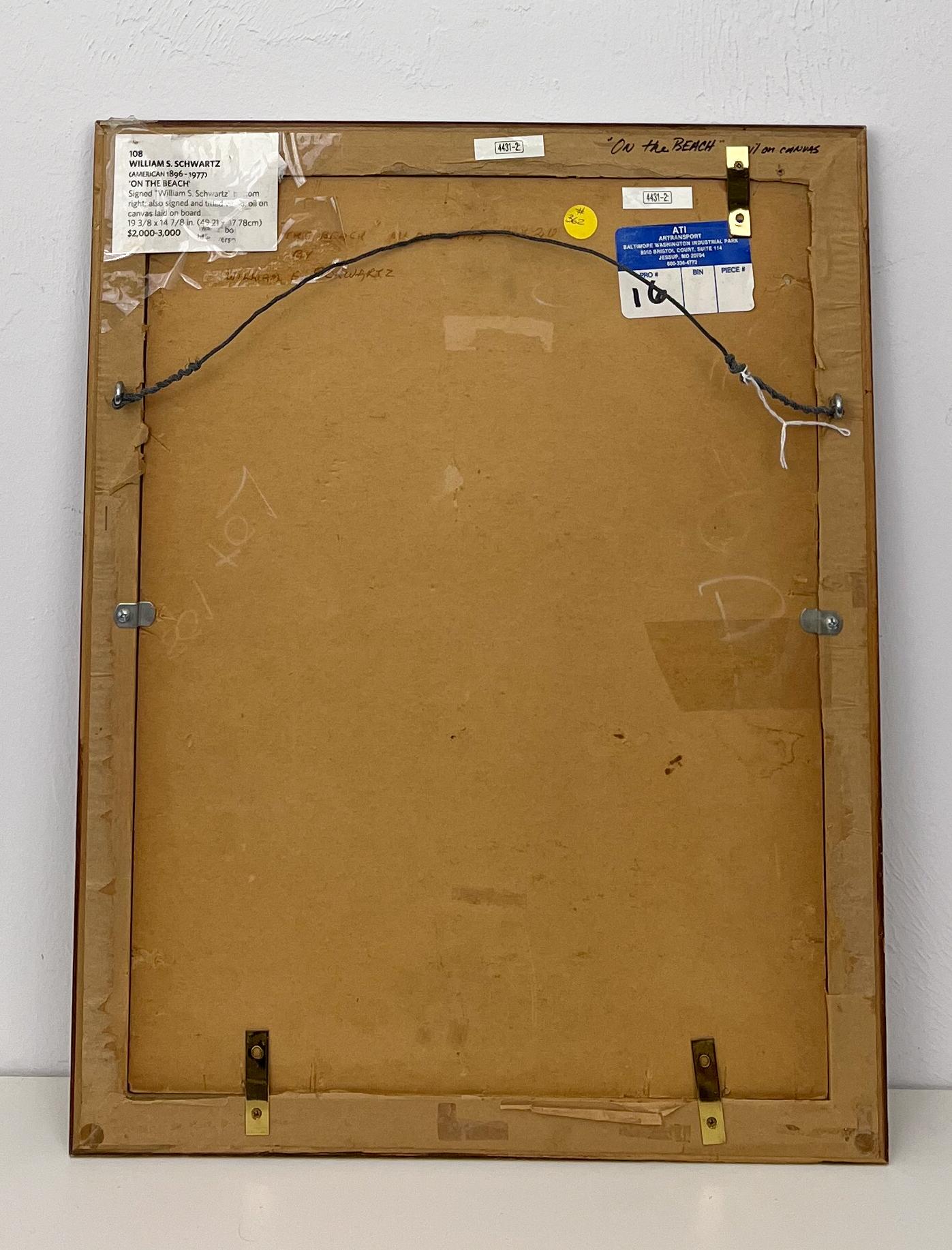 William Schwartz, moderniste de Chicago, a peint ce tableau intime d'une femme lisant, intitulé On the Beach (Sur la plage).  Il a étudié à l'Art Institute of Chicago peu après avoir émigré de Russie aux États-Unis.   Cette toile vibrante représente