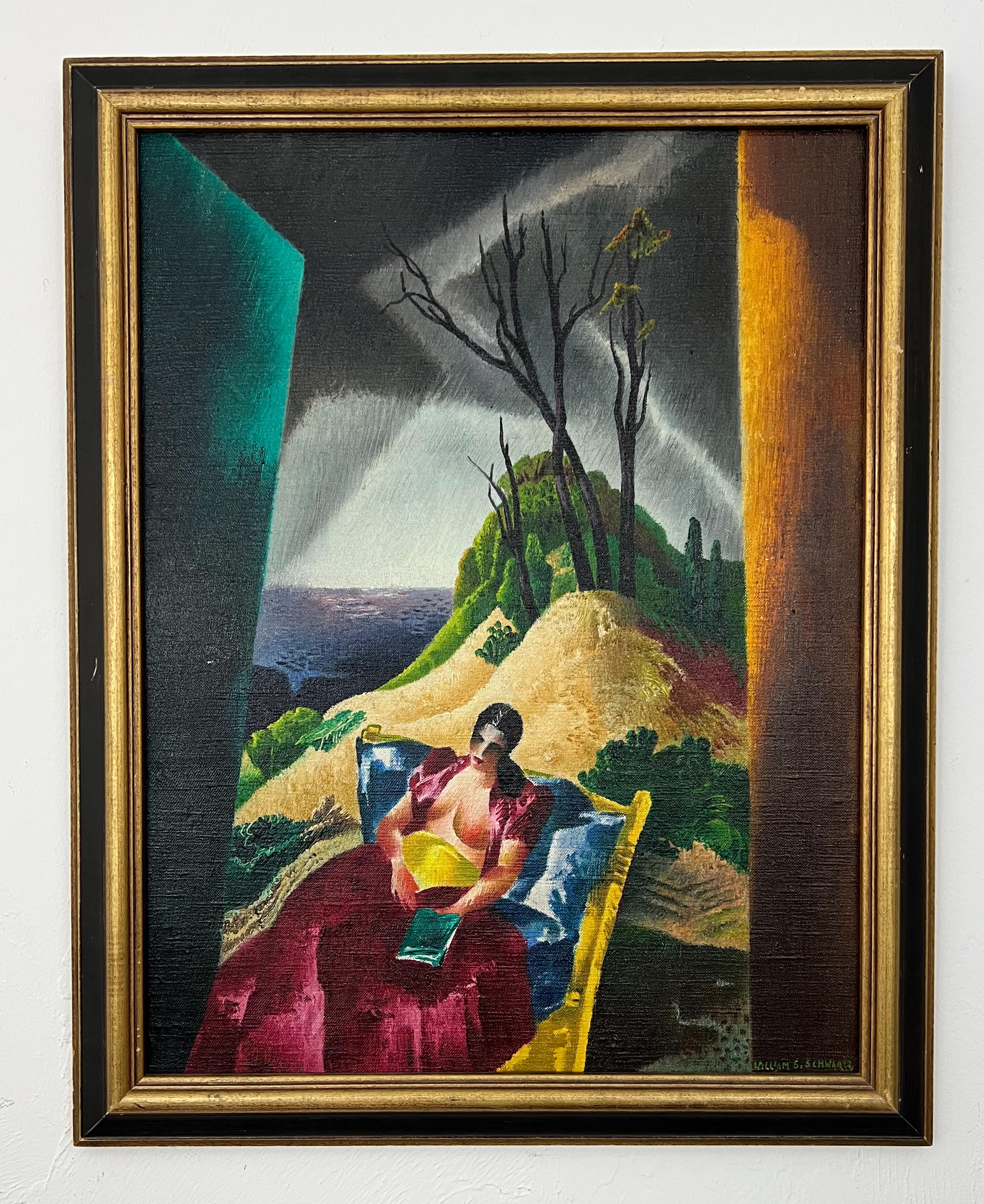 Portrait Painting William Schwartz - Sur la plage.  Lecture de la femme.  Peinture à l'huile moderniste du milieu du siècle à Chicago.