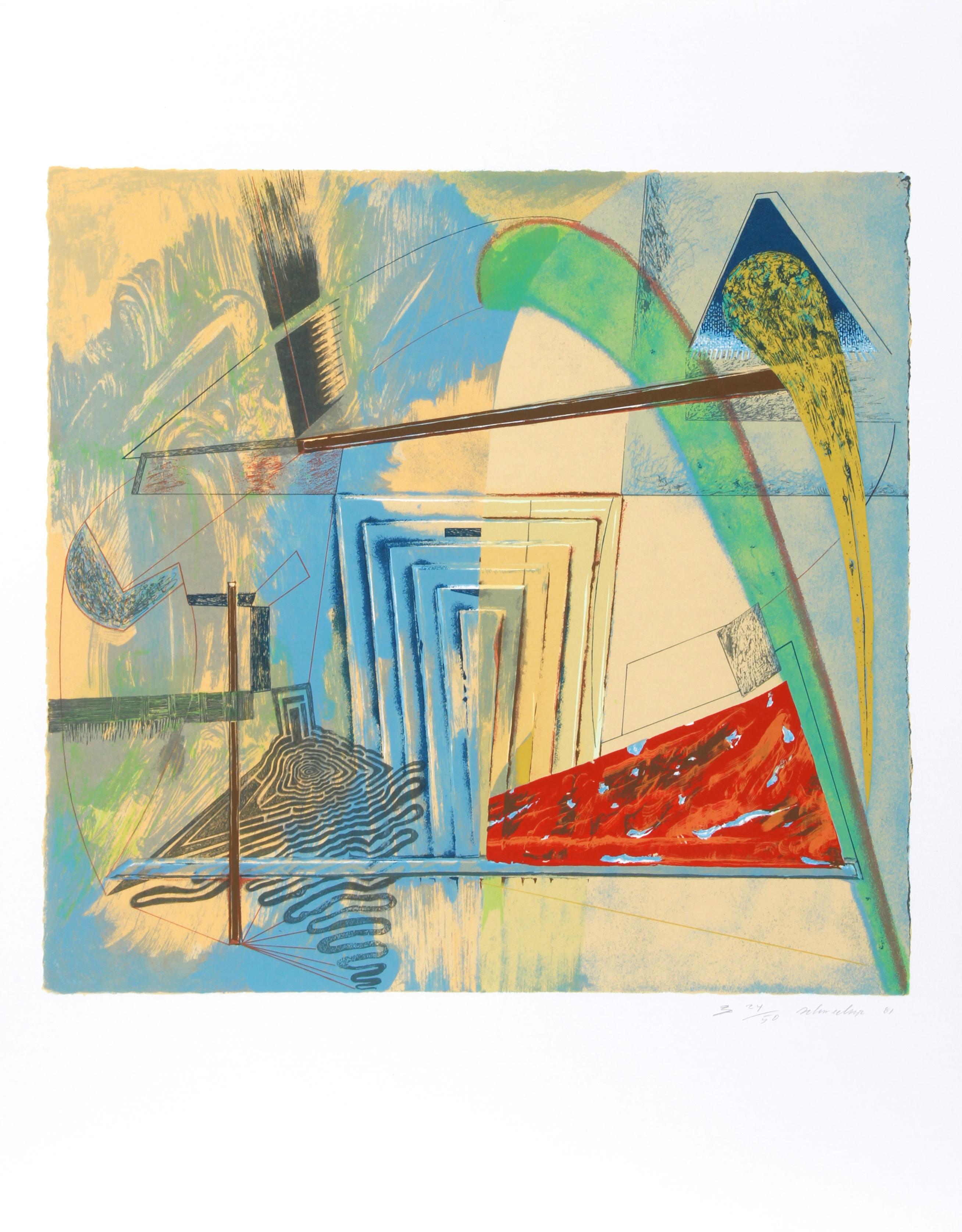 This angular print by William Schwedler is indicative of his geometric, abstract manner of composing forms and shapes in his compositions. 

Bridge the Gap
Artist:  William Schwedler, American (1942 - 1982)
Date: 1981
Screenprint, signed and