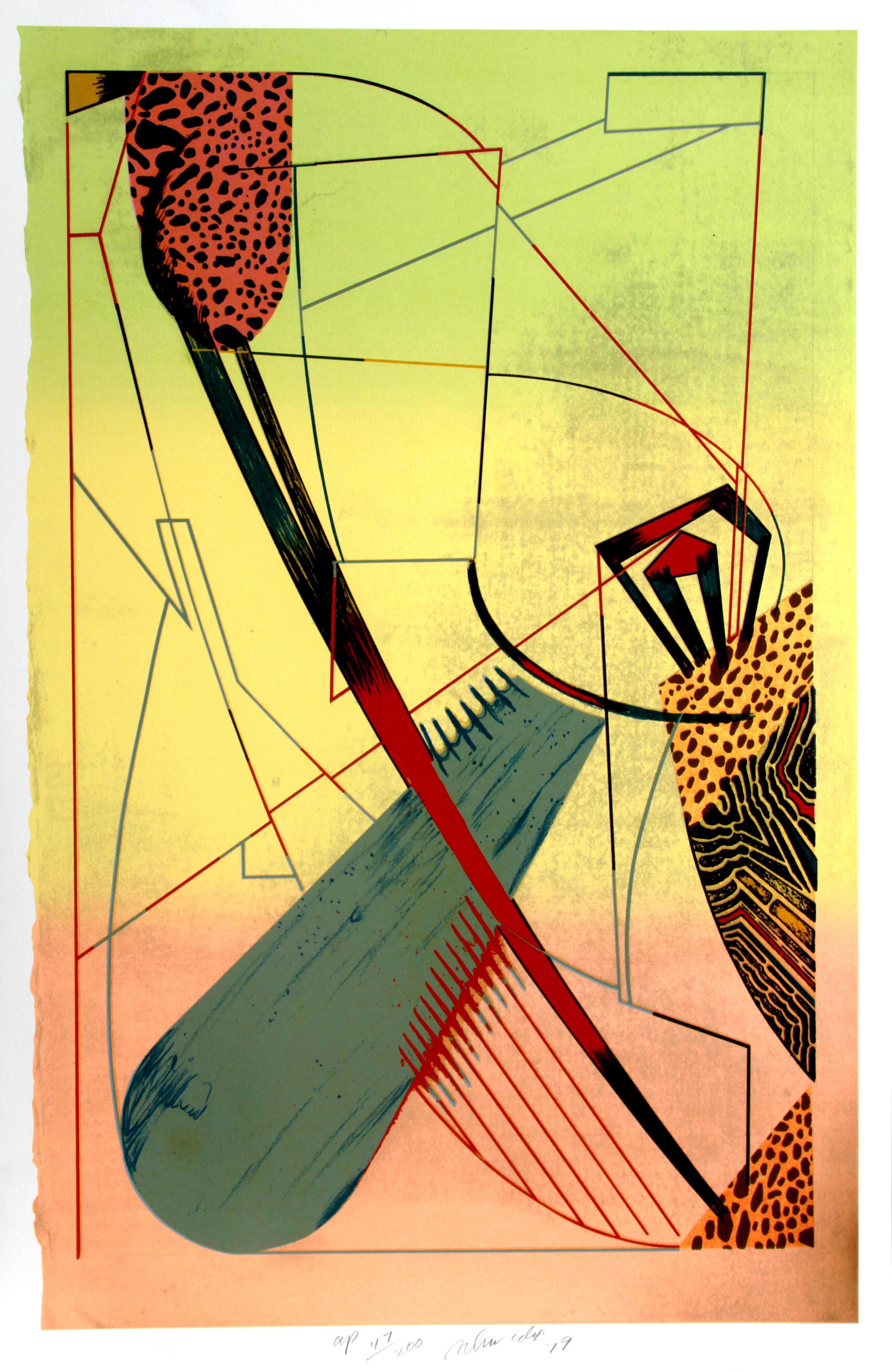 This abstract composition by William Schwedler includes several geometric forms and shapes that are placed alongside straight, angled lines.

Divided Loyalties
Artist:  William Schwedler, American (1942 - 1982)
Date: 1979
Screenprint, signed and