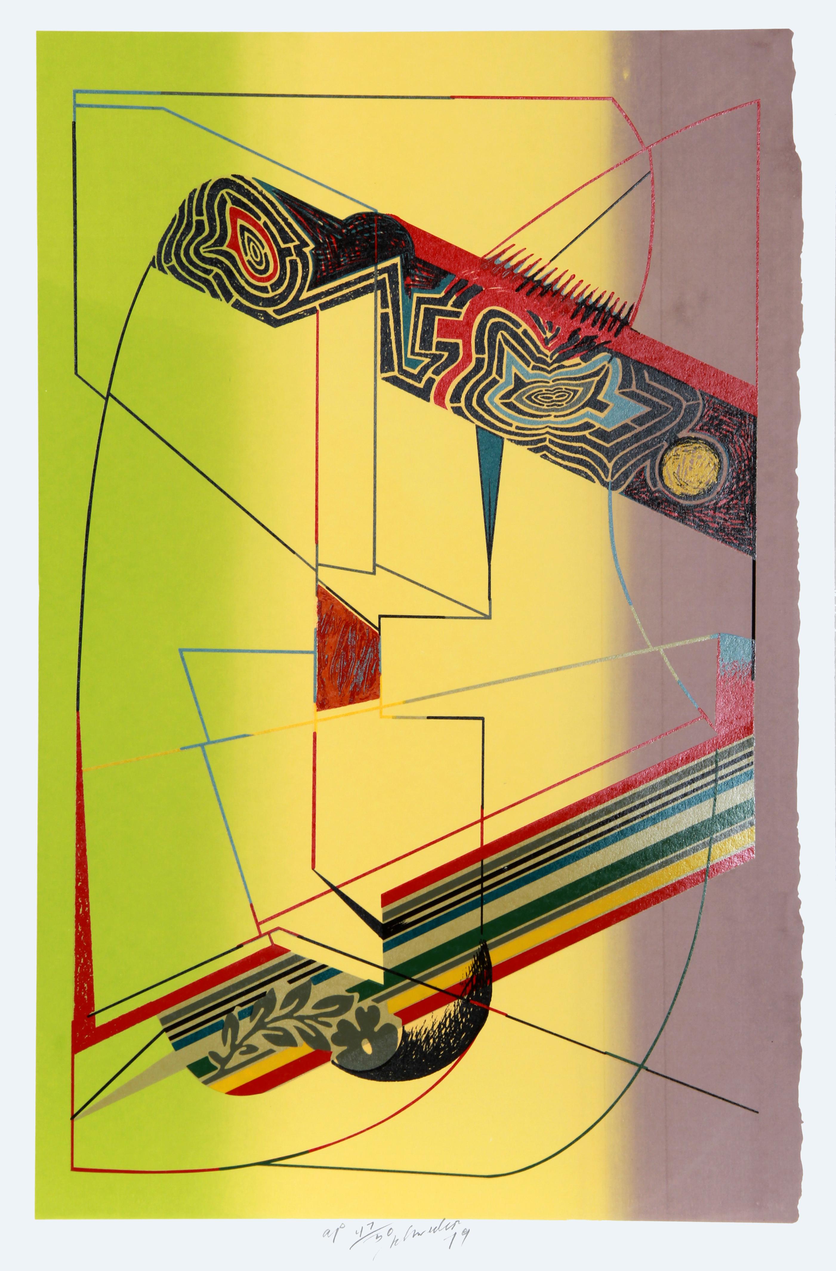 This abstract composition by William Schwedler includes several geometric forms and shapes that are placed alongside straight, angled lines.

First Things First
Artist:  William Schwedler, American (1942 - 1982)
Date: 1979
Screenprint, signed and