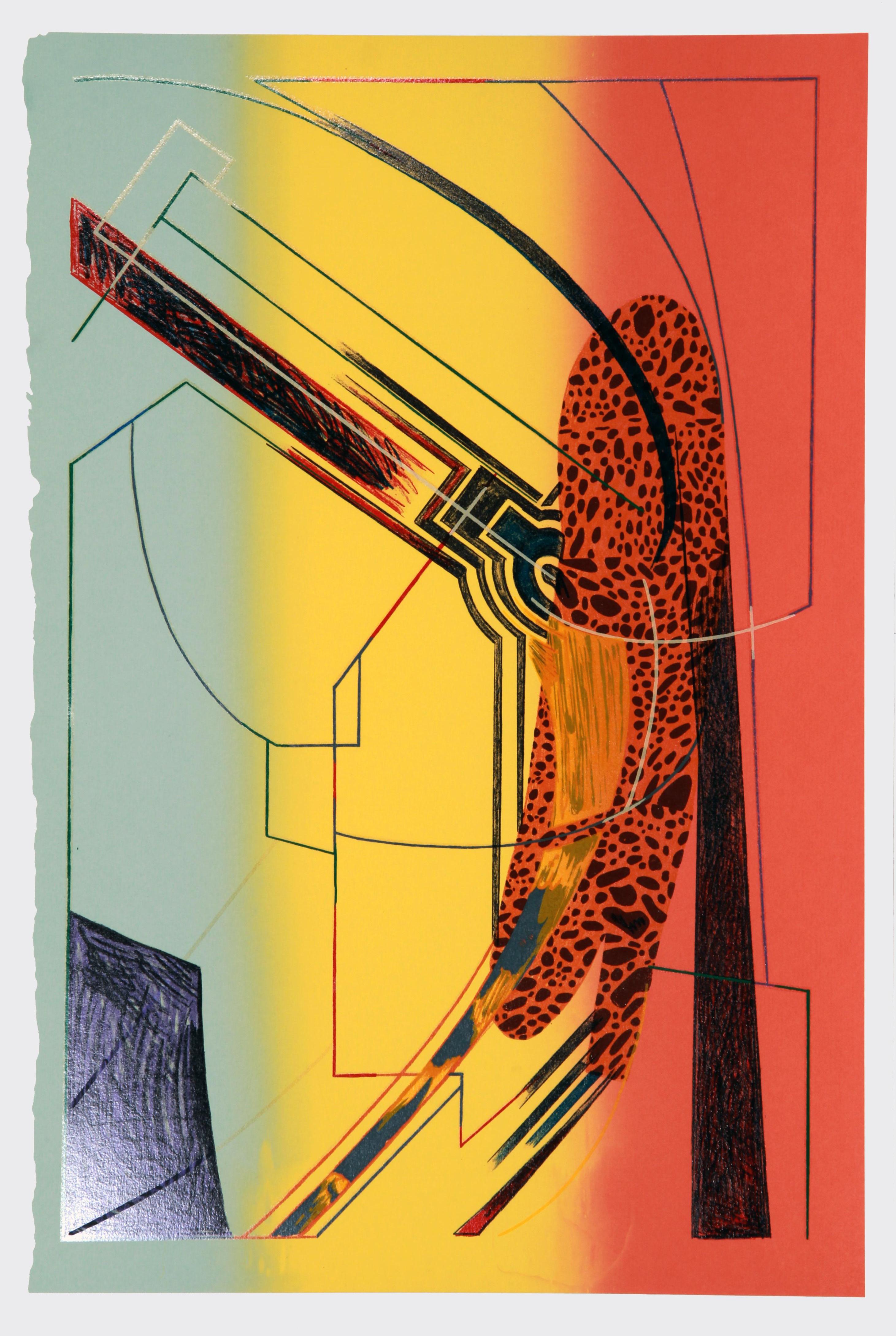 This abstract composition by William Schwedler includes several geometric forms and shapes that are placed alongside straight, angled lines.

Head Start
Artist:  William Schwedler, American (1942 - 1982)
Date: 1979
Screenprint, signed and numbered