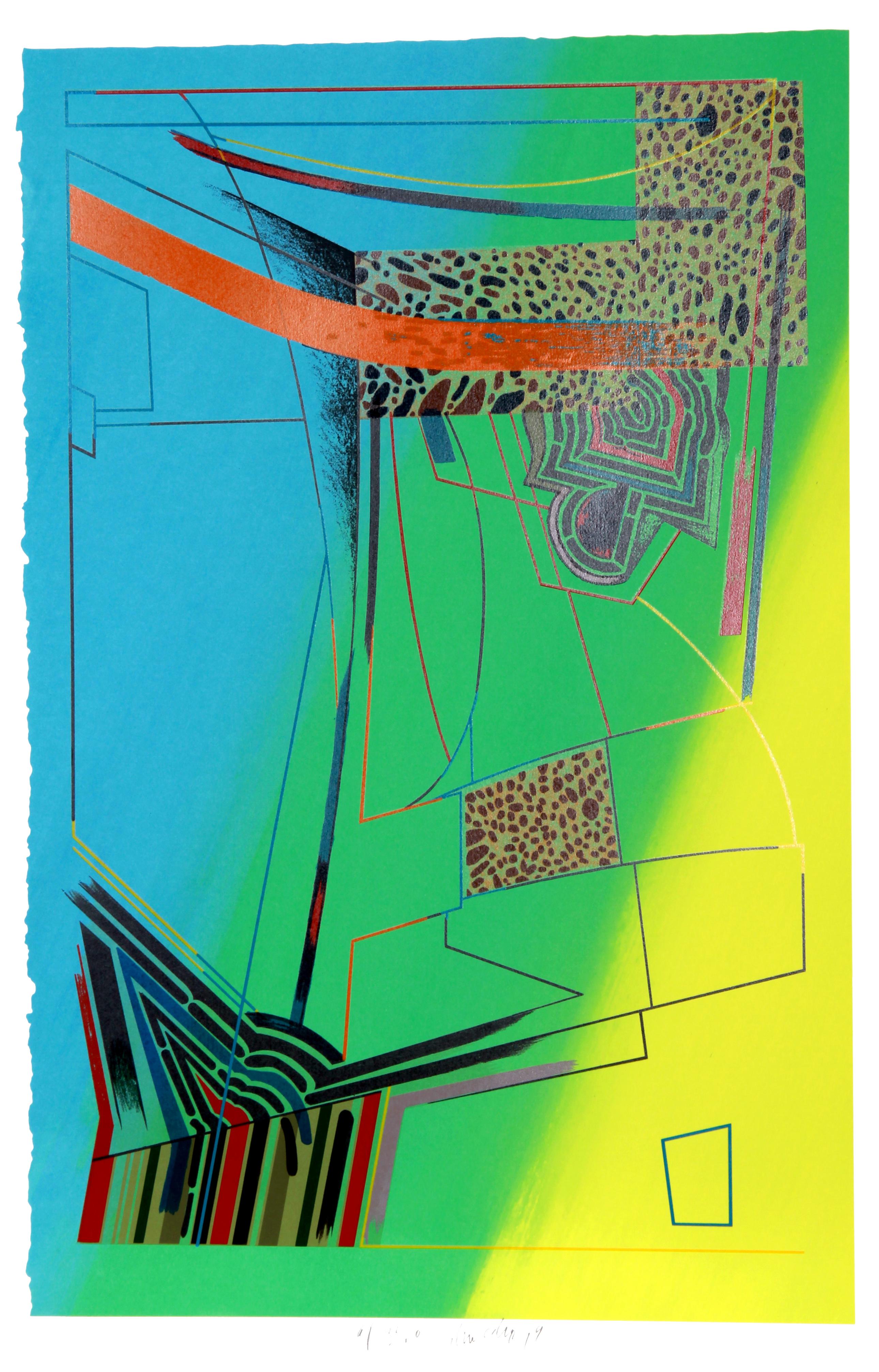 In this vibrant print by William Schwedler, the artist superimposed geometric shapes with animal prints between converging, angled lines over a tricolor diagonal background composed of electric hues of blue, green, and yellow. 

Lost Cause
Artist: 
