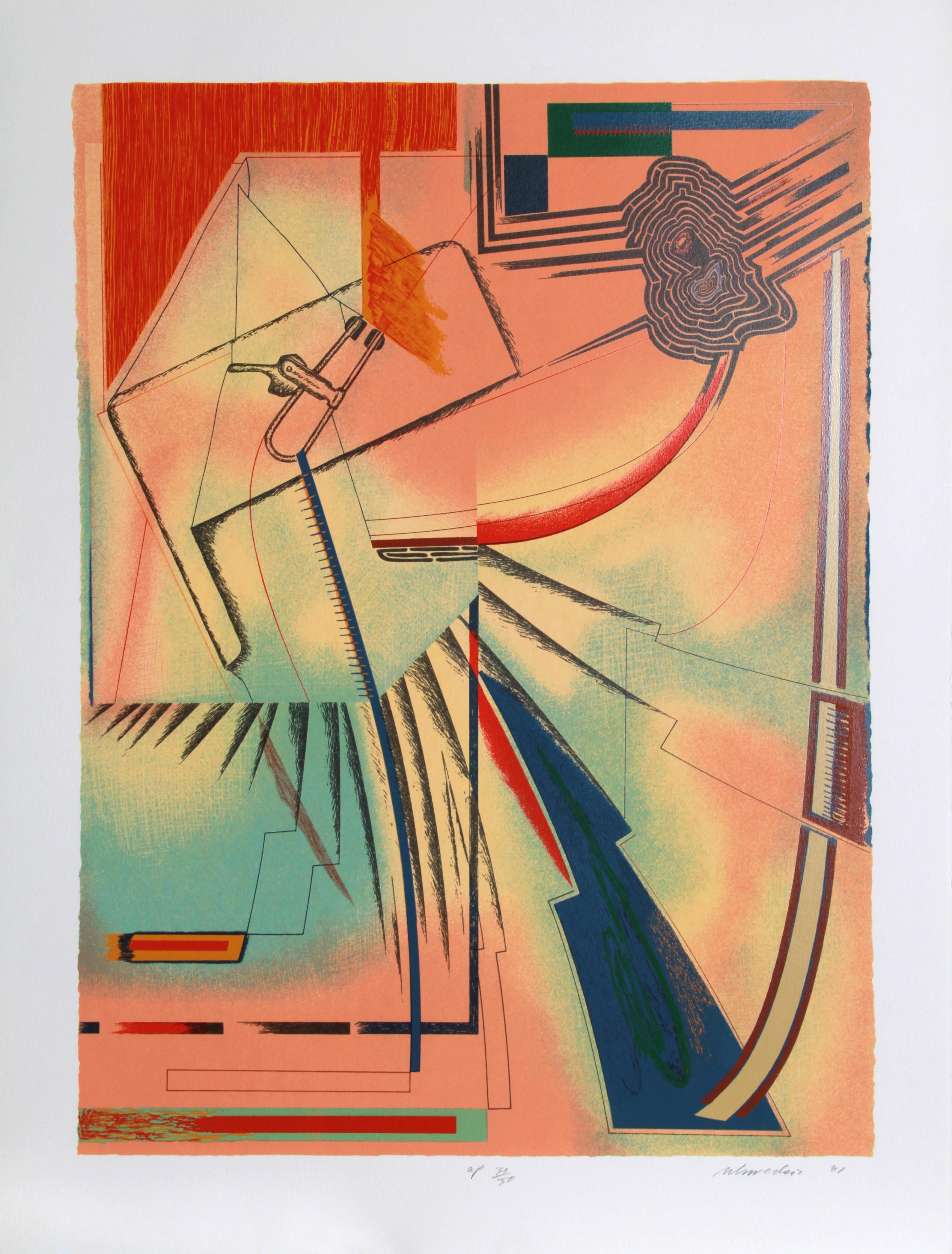 This abstract composition by William Schwedler includes several geometric forms and shapes that are placed alongside straight, angled lines.

Piece by Piece
Artist:  William Schwedler, American (1942 - 1982)
Date: 1981
Screenprint, signed and