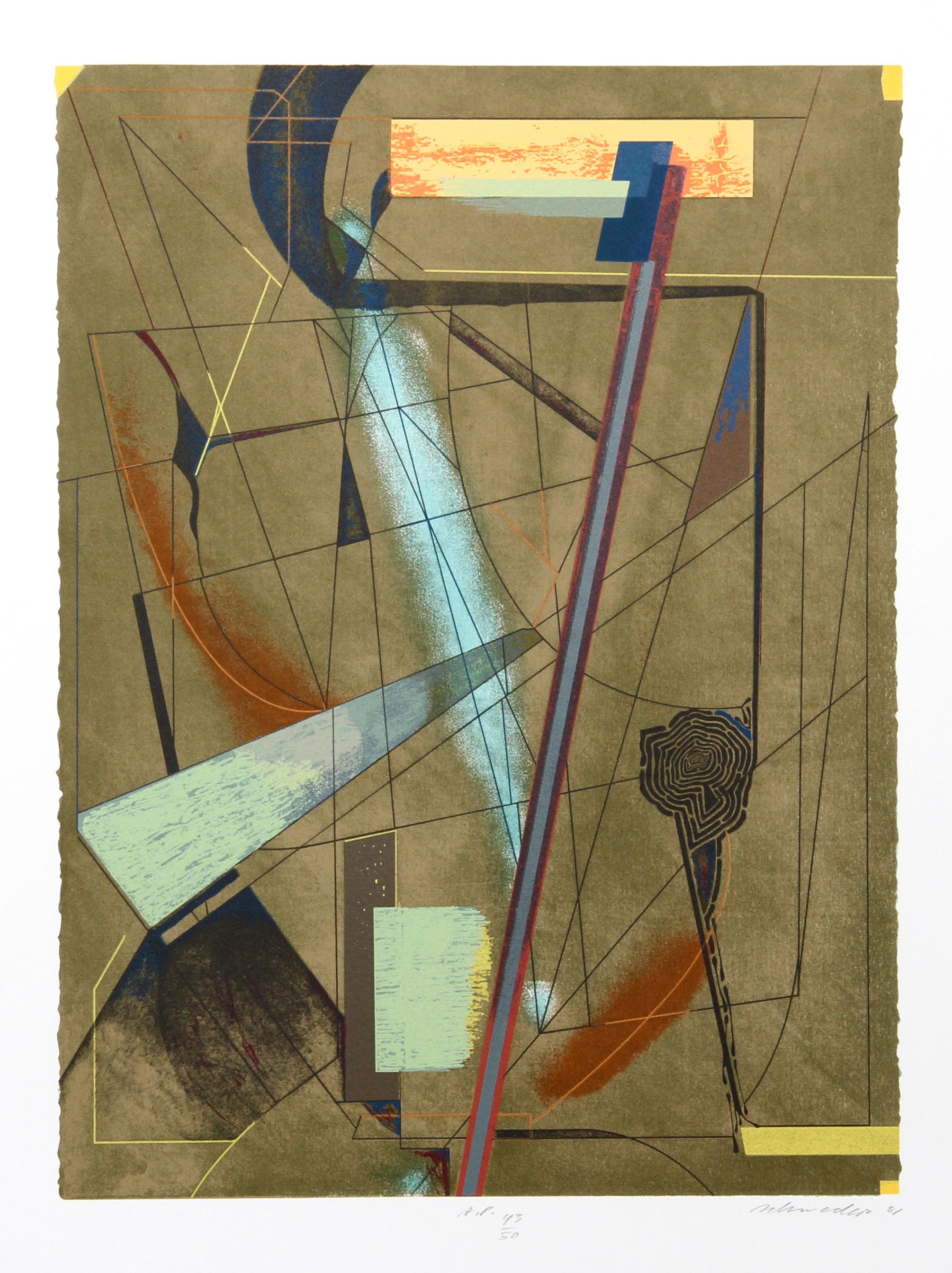 This angular print by William Schwedler is indicative of his geometric, abstract manner of composing forms and shapes in his compositions. 

Press Charges
Artist:  William Schwedler, American (1942 - 1982)
Date: 1979
Screenprint, signed and numbered