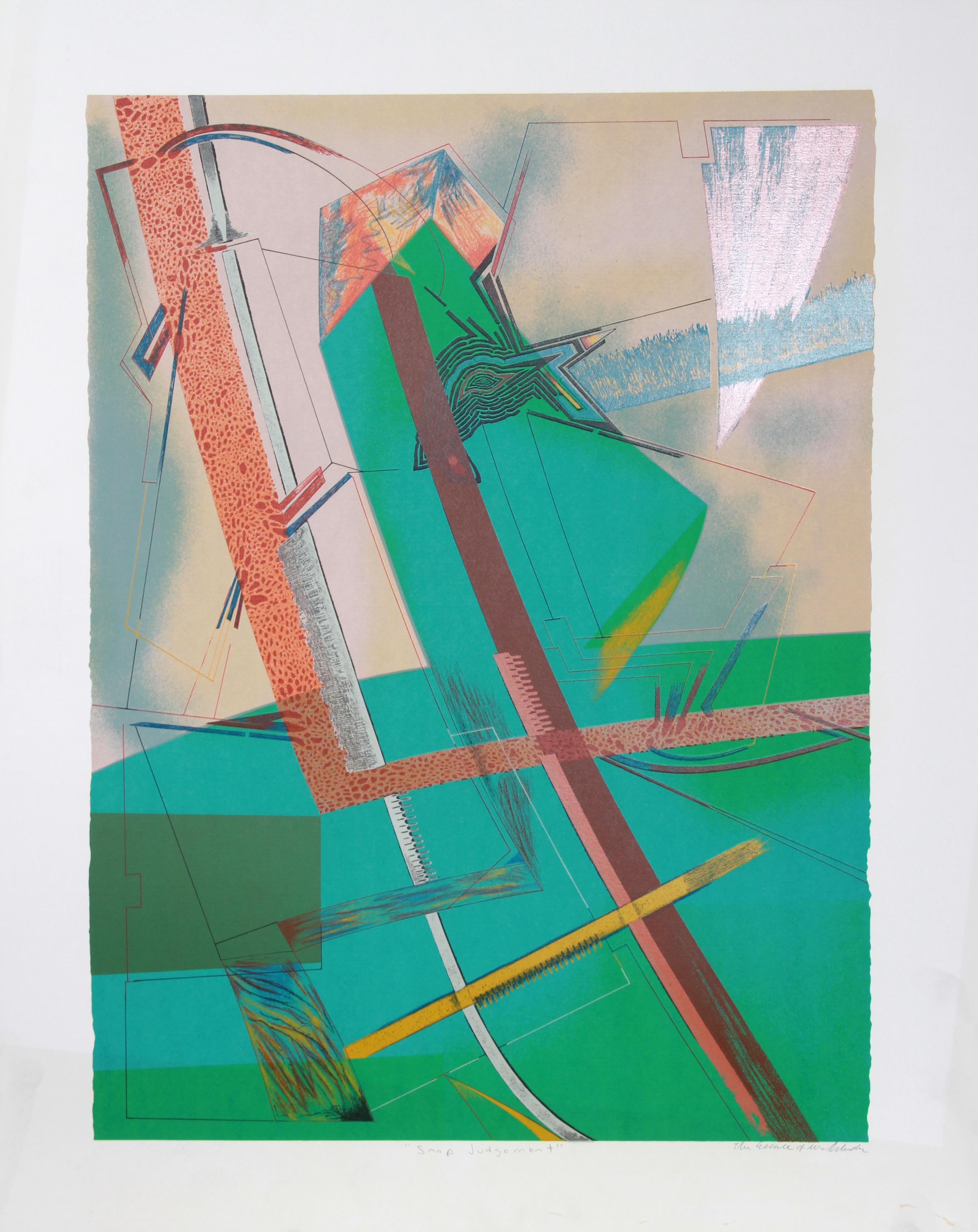 Along with several other of his abstract geometric prints, William Schwedler's fusion of tropical, bright background colors with major angular forms at the center of the composition brings the scene to life. 

Snap Judgment
Artist:  William