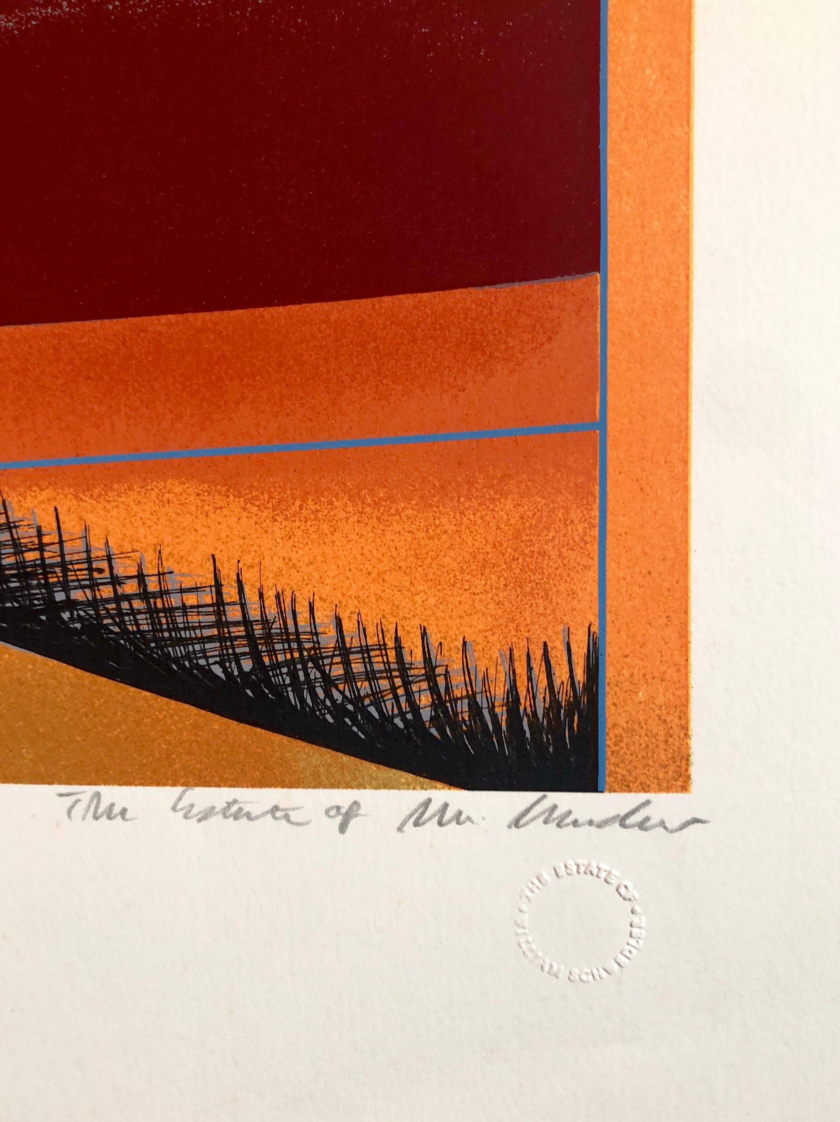 Surrealistische architektonische Landschaft, Siebdruck, 1970er Jahre, Chicago Modernistische Lithographie – Print von William Schwedler