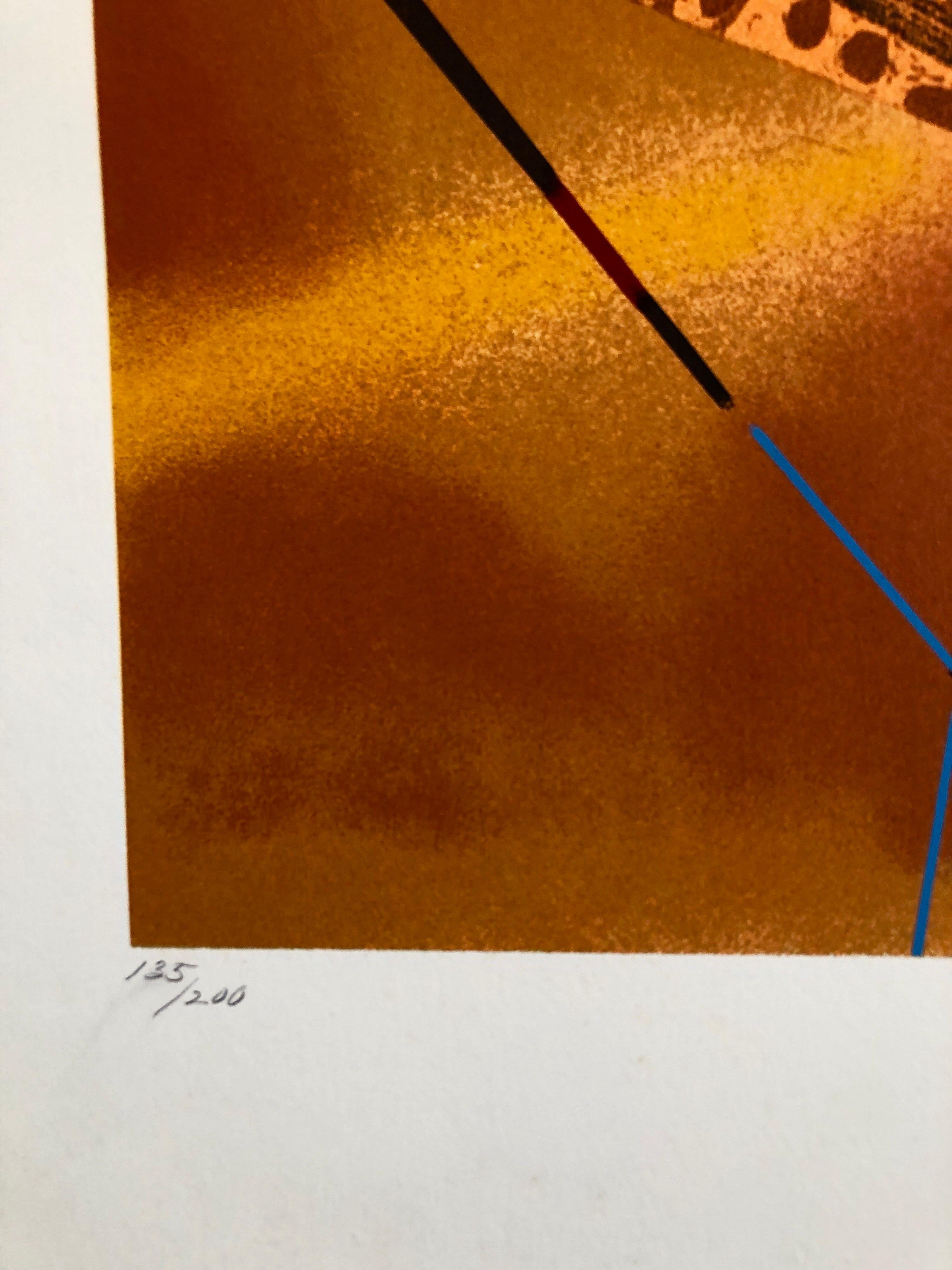 Orange, Türkis, Rot, Surrealistisch abstrakt.
Diese Serigraphie wurde nie gerahmt. Es ist mit Bleistift handsigniert 