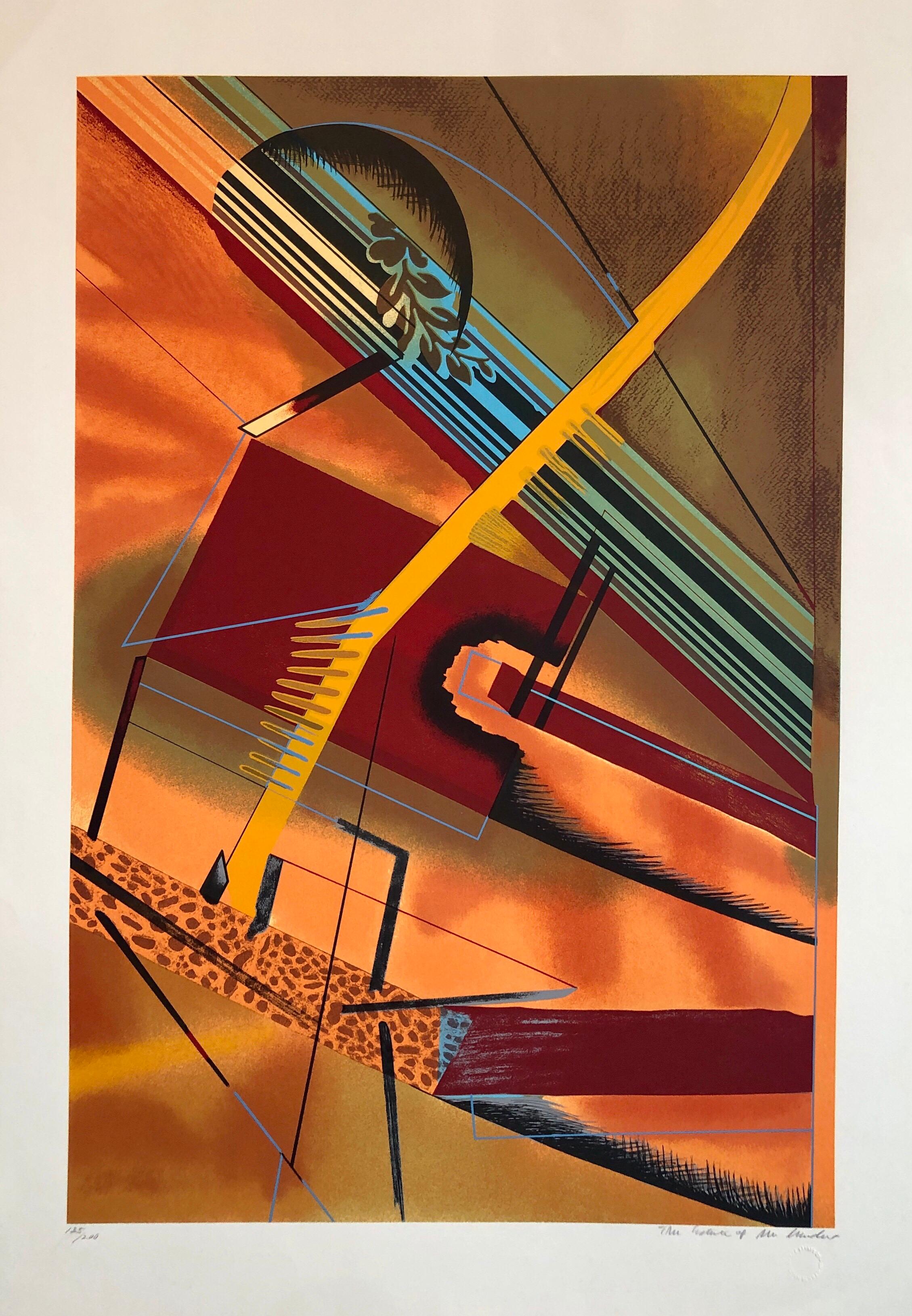 William Schwedler Abstract Print – Surrealistische architektonische Landschaft, Siebdruck, 1970er Jahre, Chicago Modernistische Lithographie