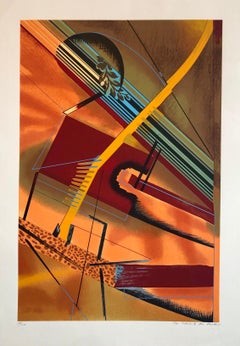 Paisaje arquitectónico surrealista Serigrafía Litografía modernista de Chicago de los años 70