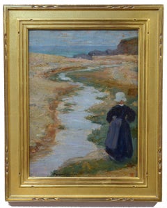 Am Meer, Bretagne, Frankreich, Bauernmädchen, Küstenszene, Ölgemälde