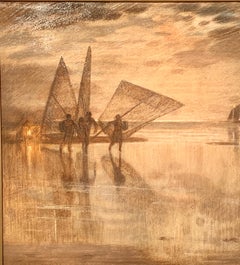 1930's English modern British oil of Oyster catchers with nets on the beach