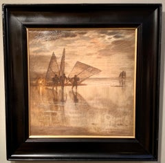 Huile moderne anglaise des années 1930 de pêcheurs d'huîtres avec des filets sur la plage.