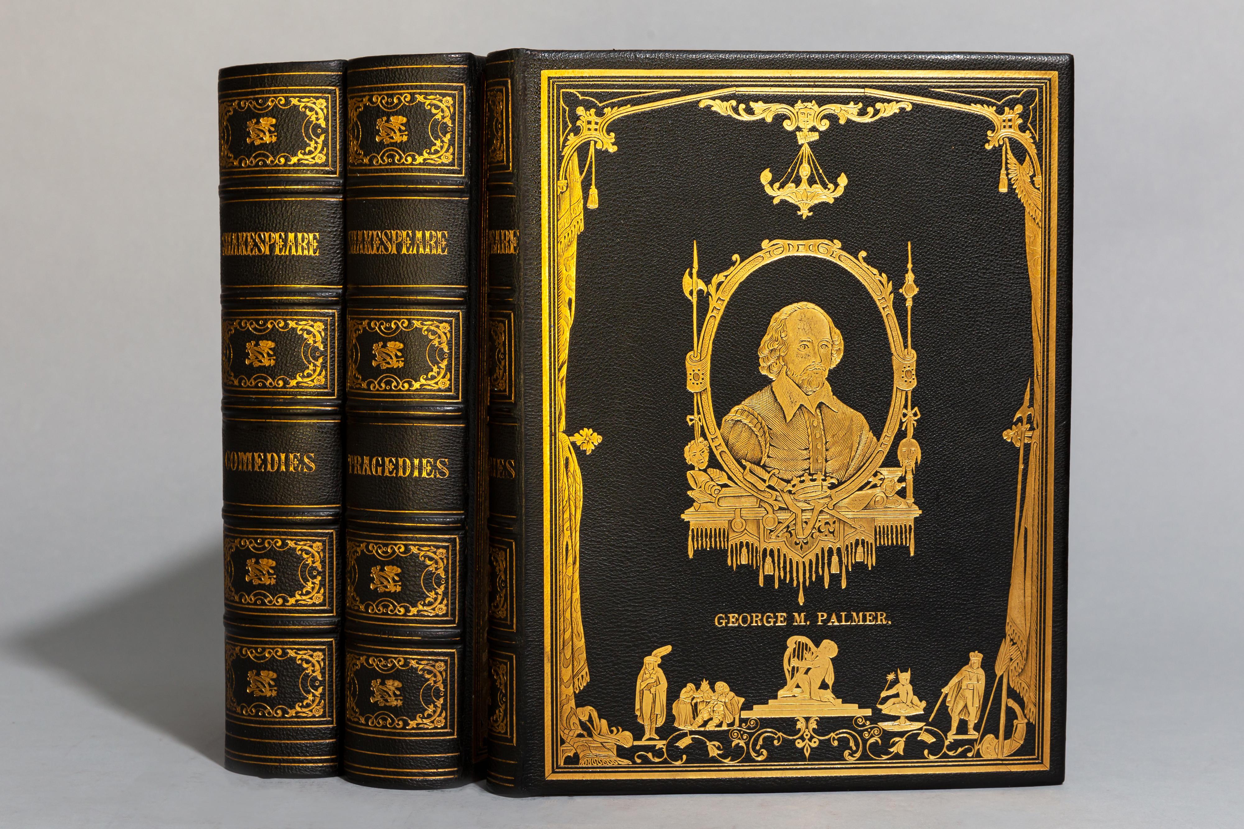 3 volumes. 

Tragedies, Comedies and Histories. 

Exquisitely Bound in full black Morocco, All edges gilt, raised bands, ornate gilt on covers and spines. Illustrated with engravings by Charles Knight. 

Published: New York: Johnson, Fry & Co.