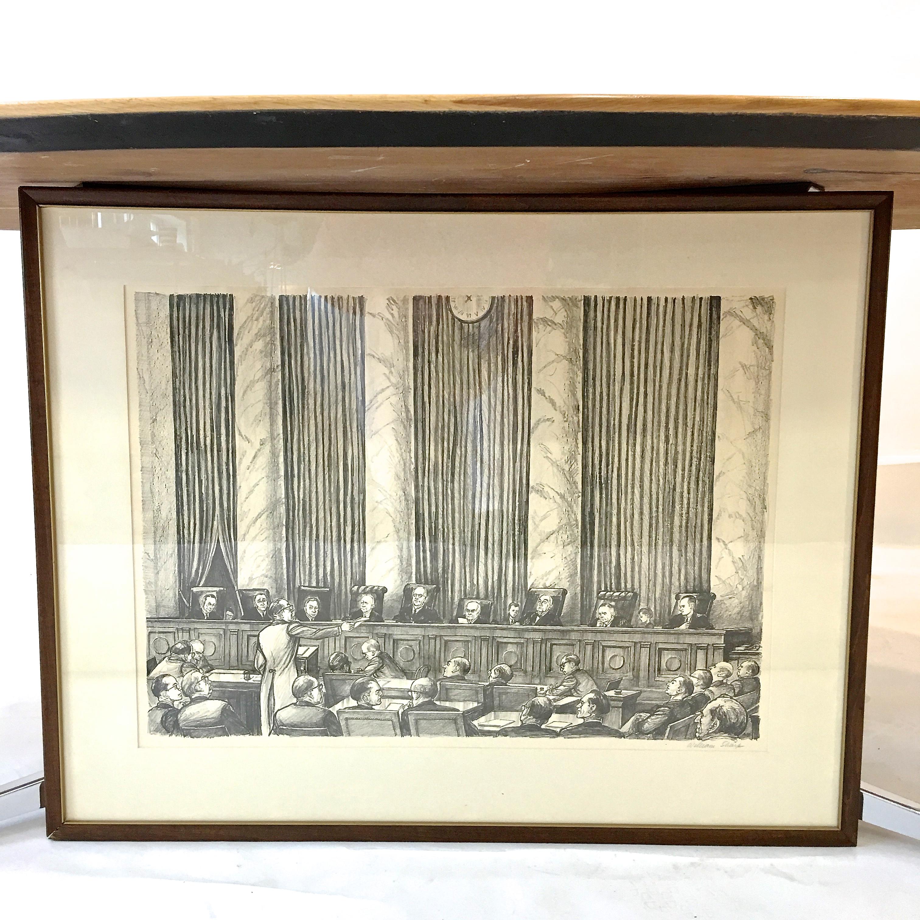 An original framed and matted lithograph by William Sharp of the Supreme Court of the United States circa 1960. Signed.

William Sharp, 1900 - 1961

Justices:
Charles Evans Whittaker, 1901 - 1973
John Marshall Harlan, Jr., 20 May 1899 - 29 Dec