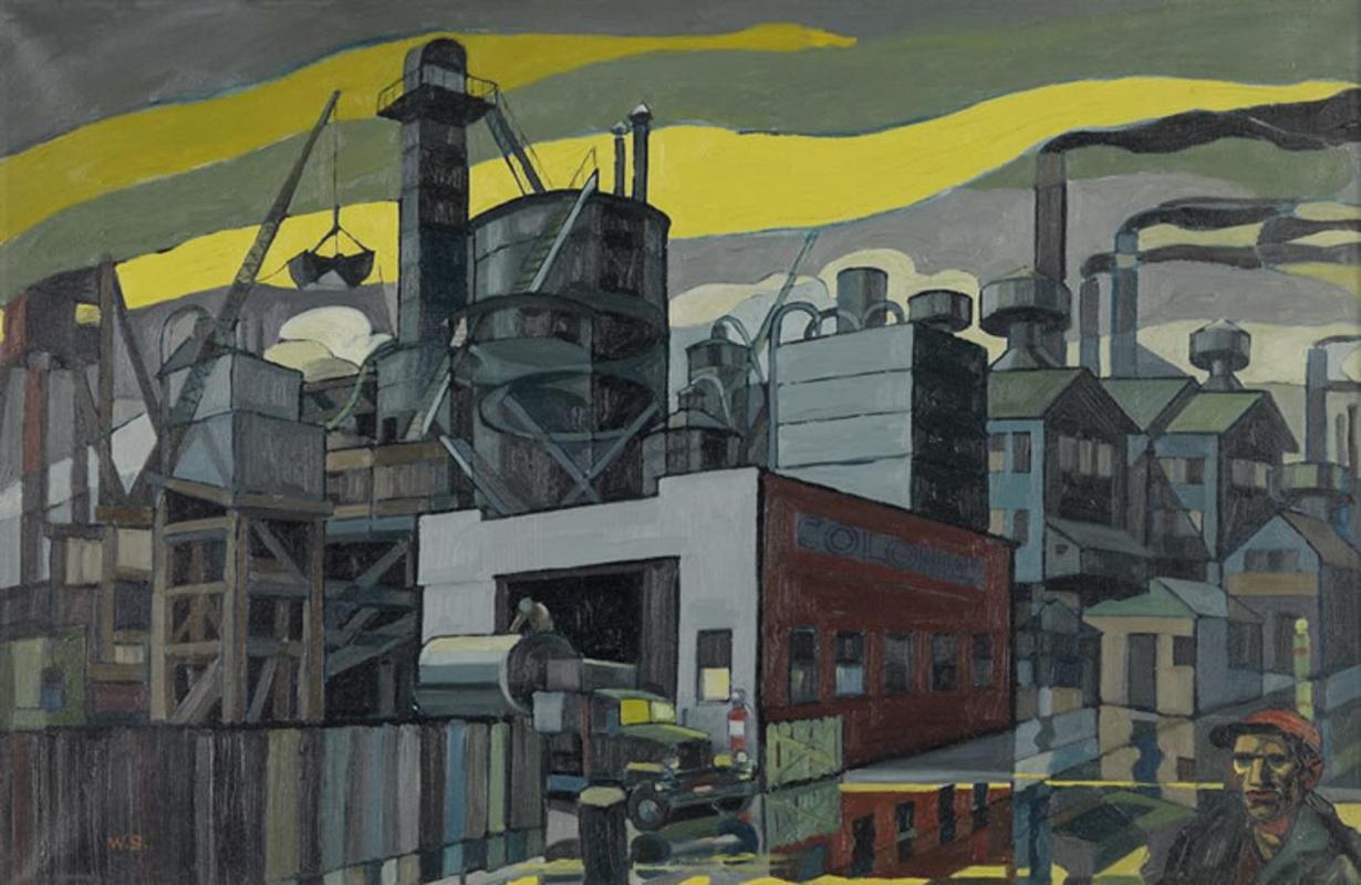 William Sharp Abstract Painting - "Colonial Sand and Stone Company, New York, " Industrial WPA Scene, Precisionist