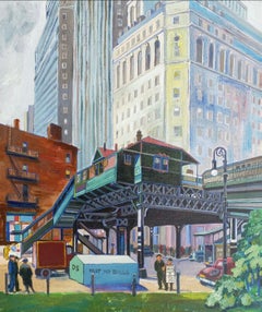 "Elevated Train Station, Lower Broadway" - Scène de rue de la WPA à New York