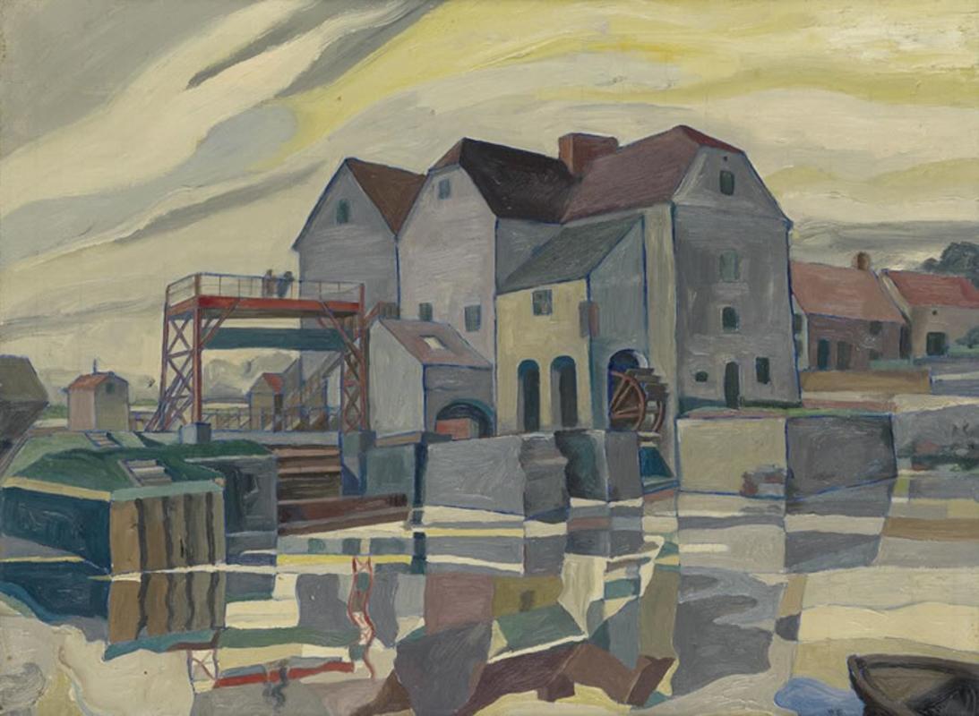 William Sharp Landscape Painting – ""Factory on the River", modernistische und präzise WPA-Industrie-New Yorker Szene